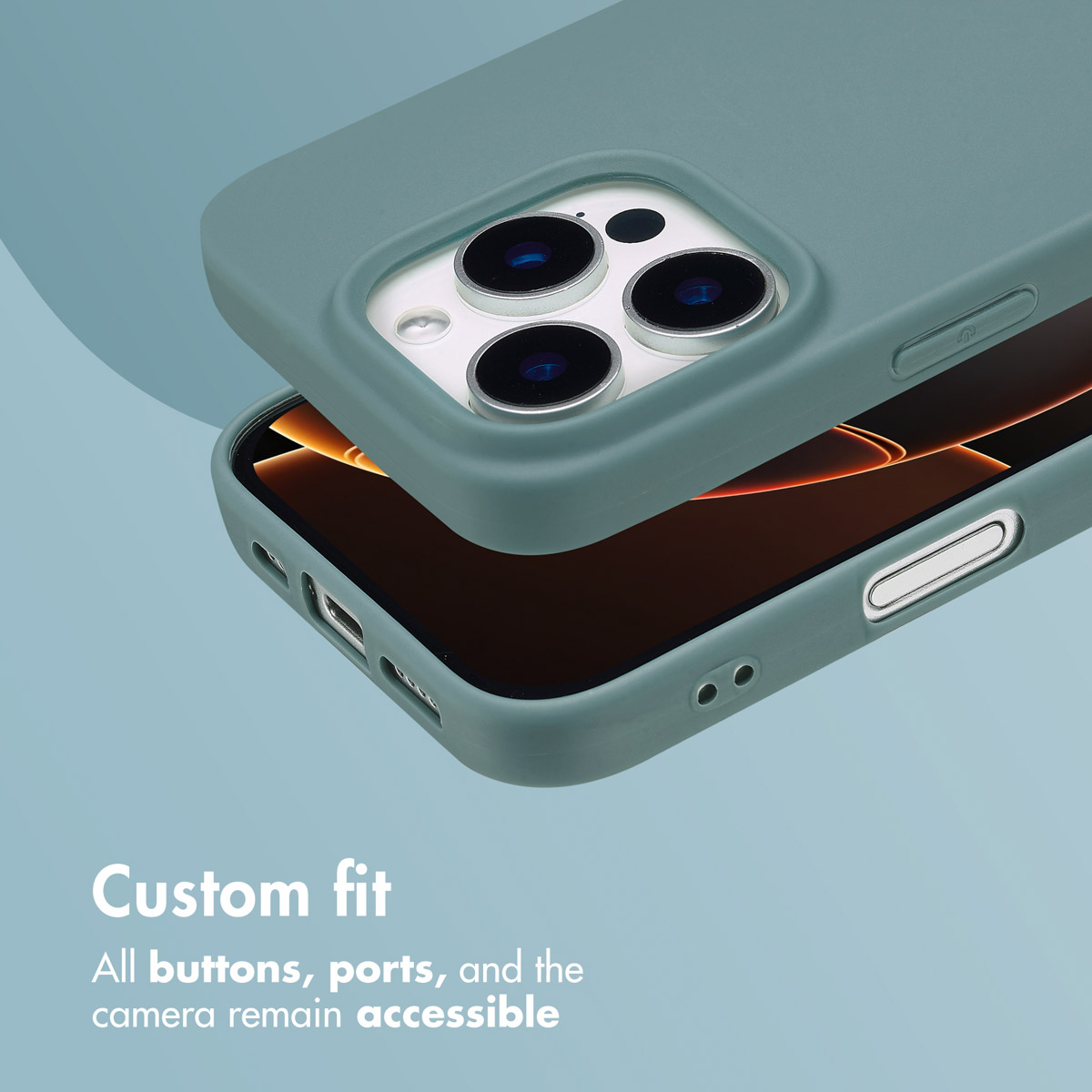 Un smartphone dans une coque bleue mate sur fond bleu avec le texte "Custom fit".