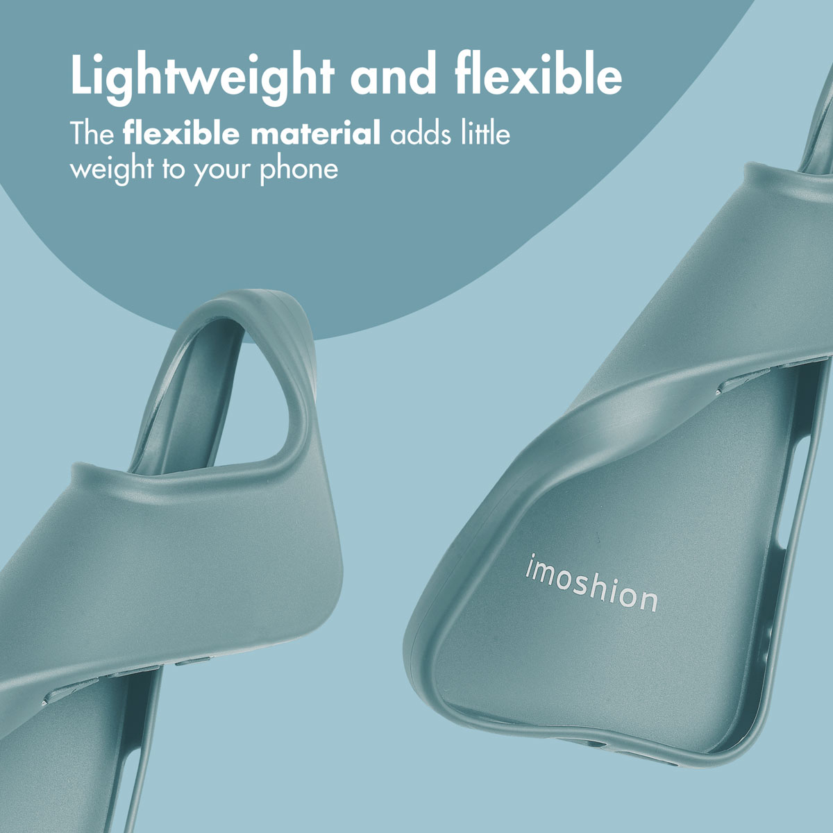 Deux coques de téléphone bleues et flexibles sur fond bleu clair avec texte.