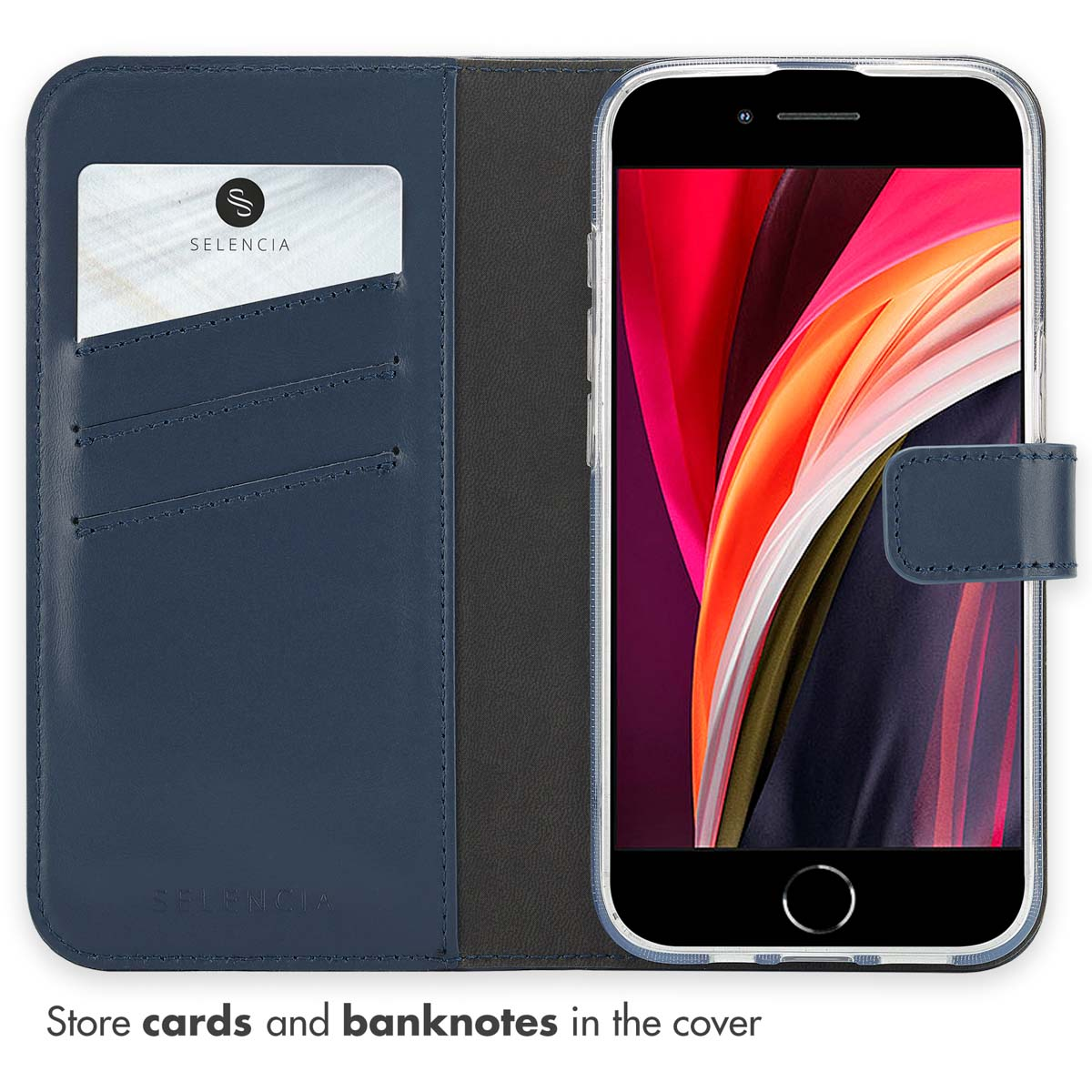 Un étui de téléphone bleu foncé avec fente pour carte et un smartphone à écran coloré sur fond blanc.