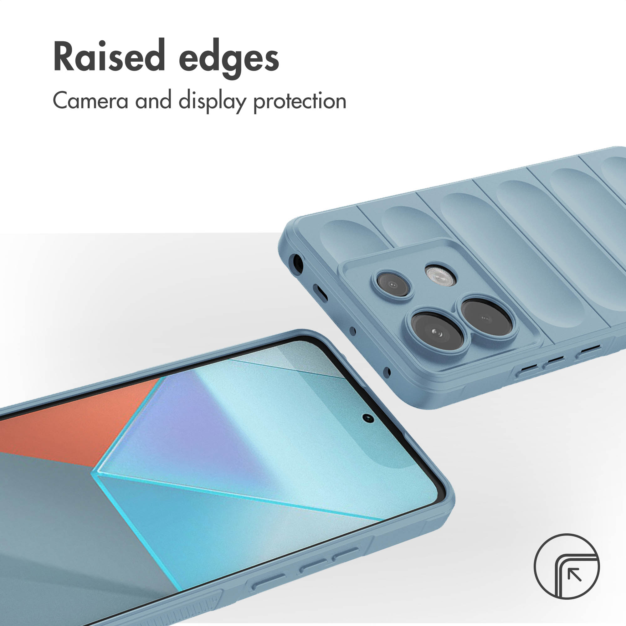 Una funda de teléfono azul claro con bordes elevados para proteger la cámara y la pantalla.