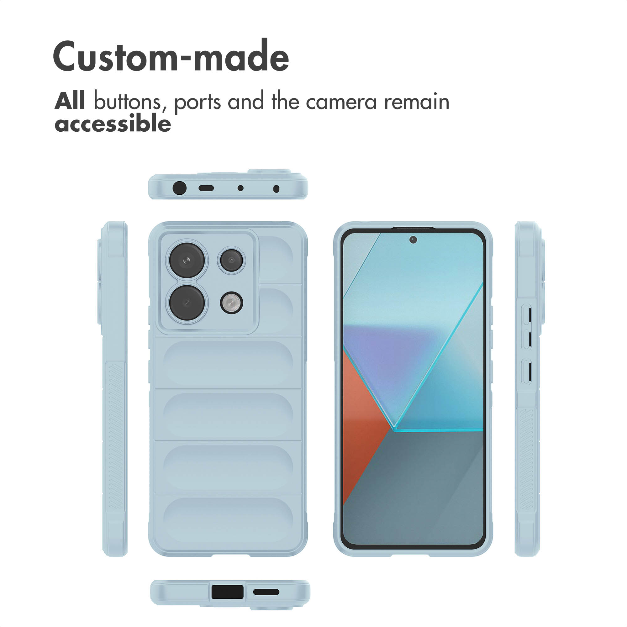 Funda protectora azul claro para smartphone mostrada desde varios ángulos con botones accesibles.