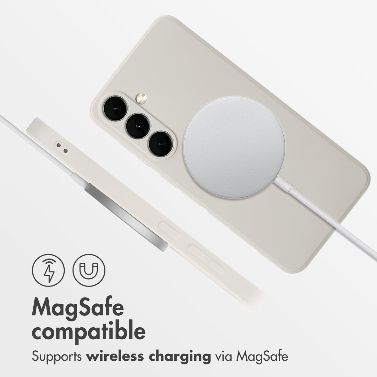 Beige Hülle mit MagSafe-Ladegerät und Symbolen für kabelloses Laden.