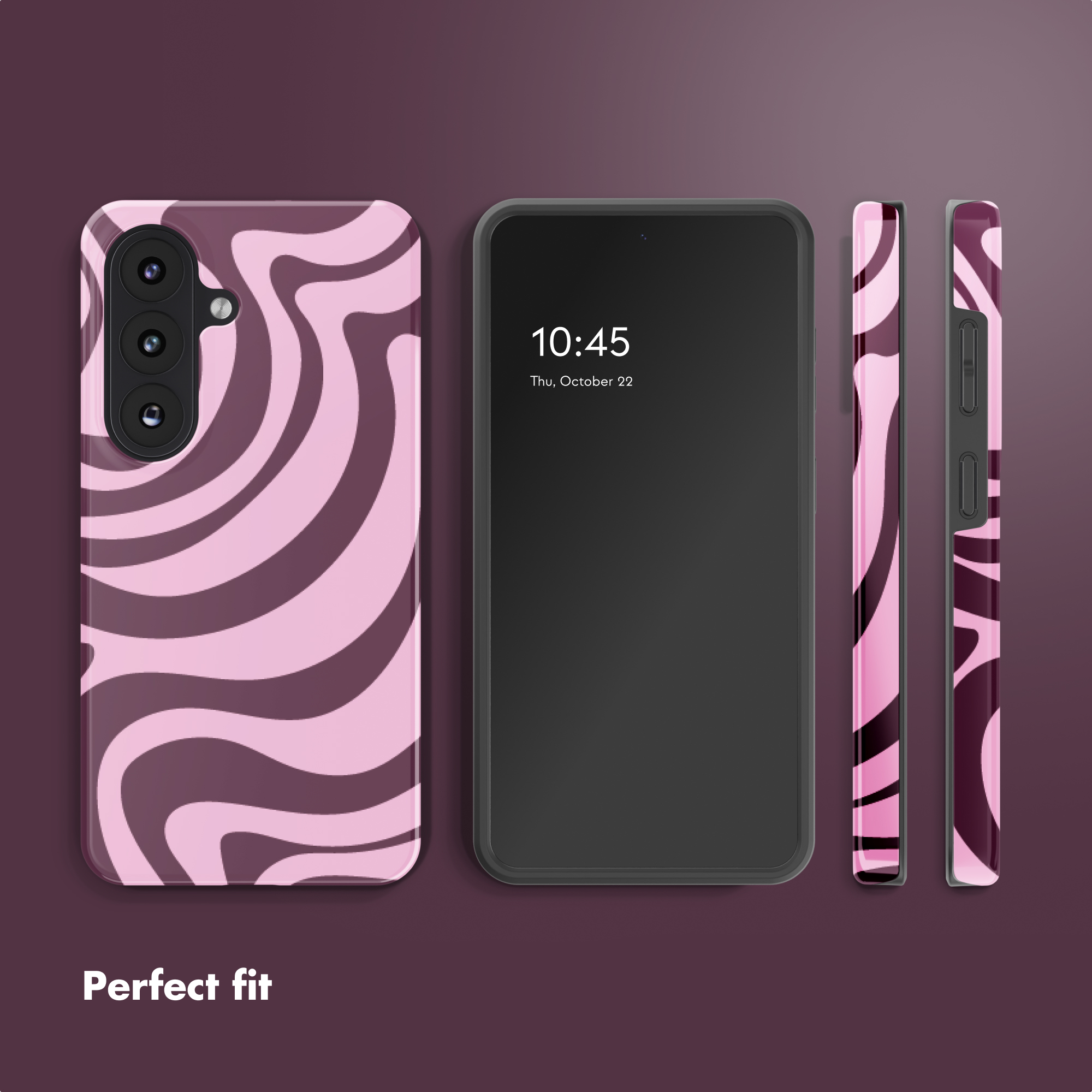 Uno smartphone con cover a motivo ondulato rosa e viola su sfondo bordeaux.
