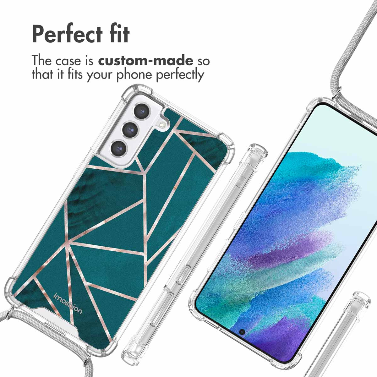 Coque transparente avec motif géométrique vert foncé et or rose, montrant les vues avant et arrière avec lanière.