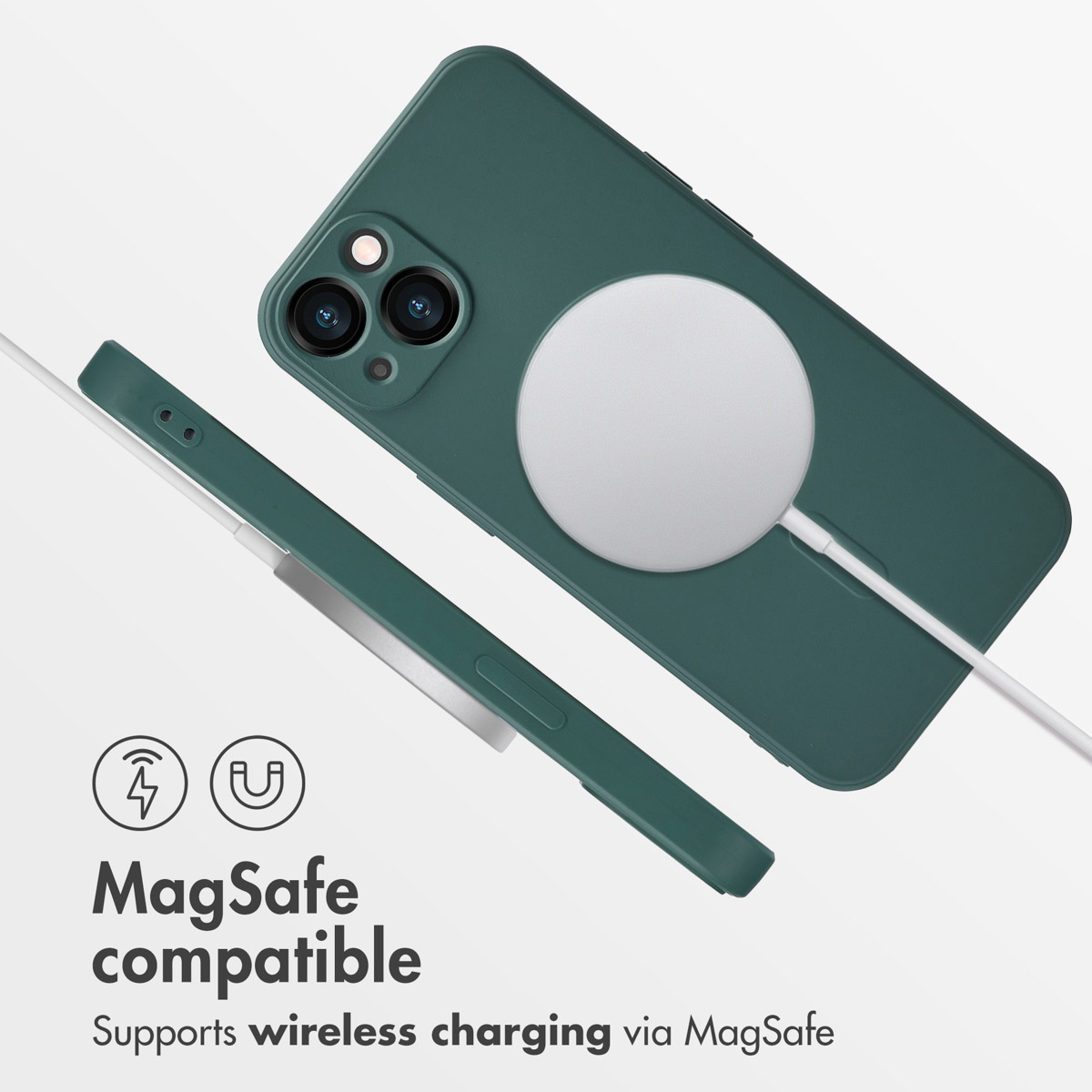 Coque de téléphone vert foncé avec chargeur MagSafe et vue latérale montrant des boutons fins.