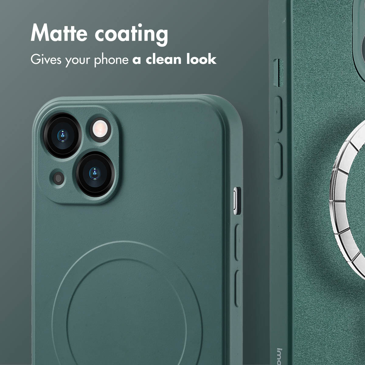 Coque de téléphone verte avec revêtement mat et découpe pour appareil photo.