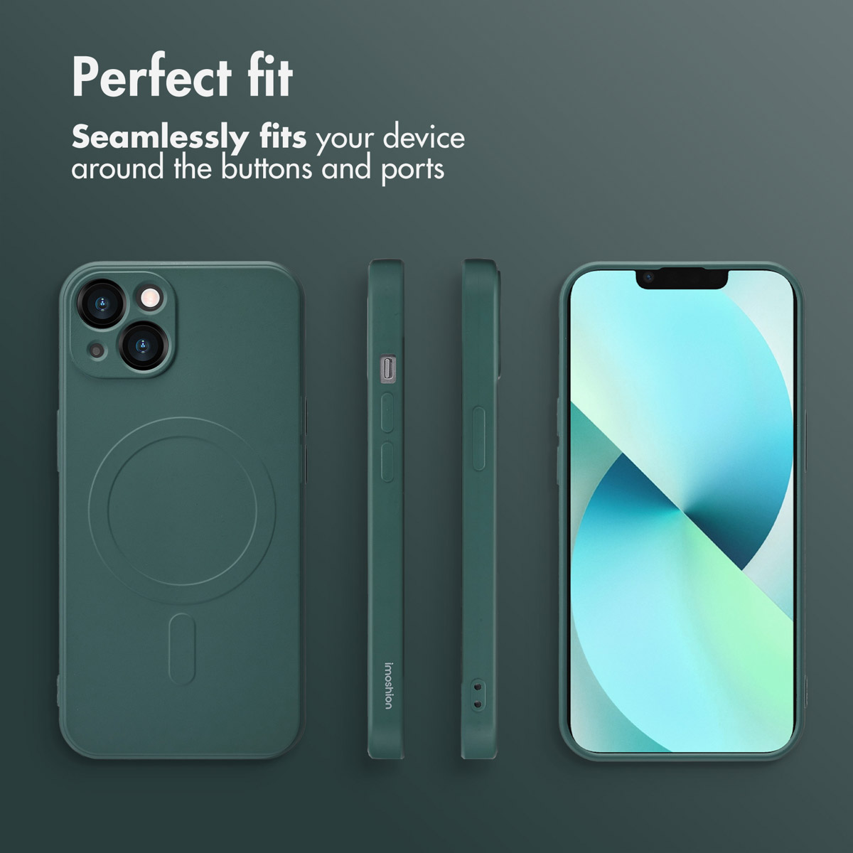 Une coque de téléphone vert foncé sous plusieurs angles avec du texte.