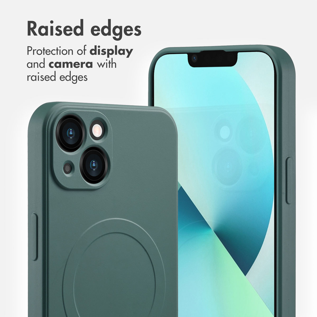 Smartphone vert dans une coque de protection avec des bords surélevés.