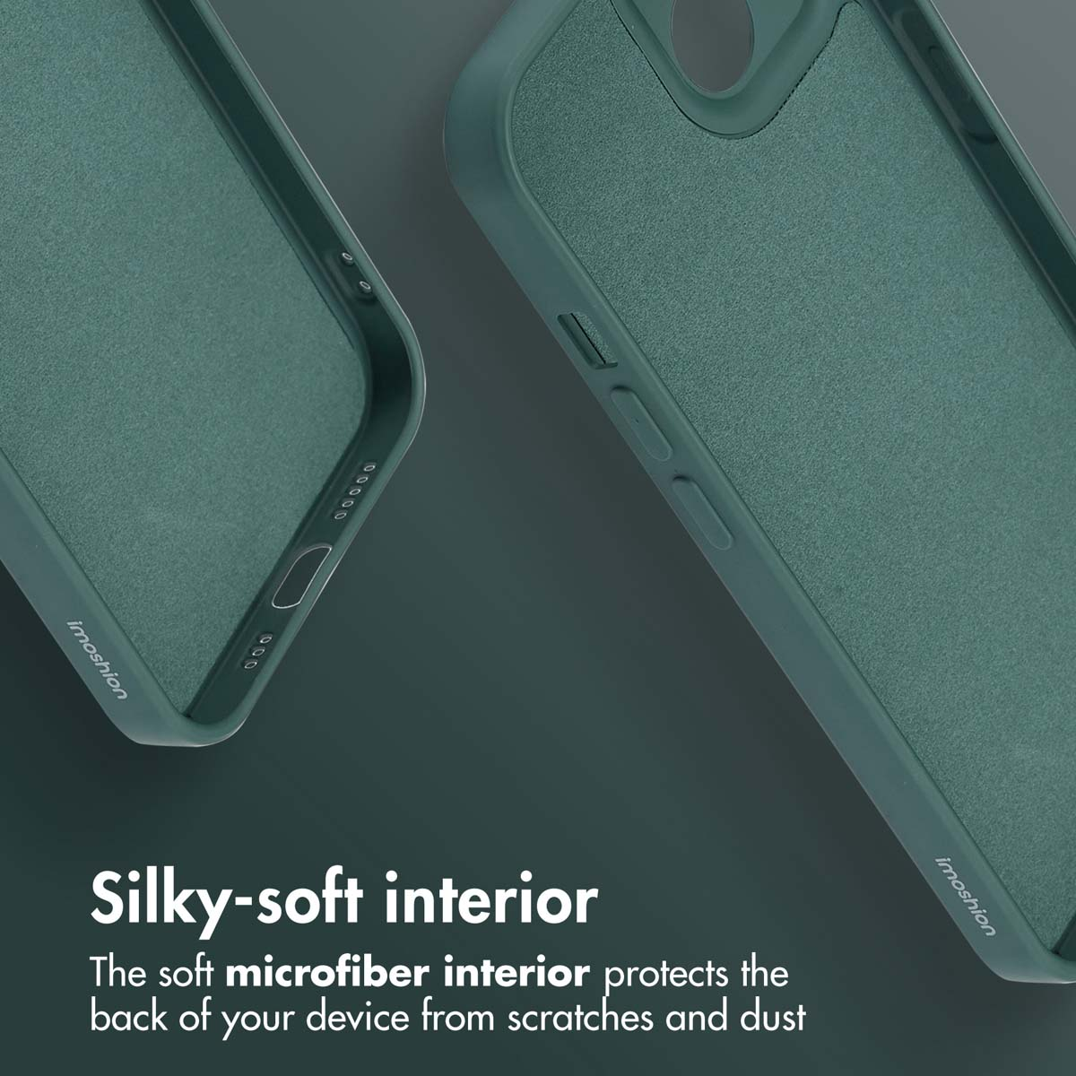 Deux coques de téléphone vert foncé avec intérieur en microfibre douce sur fond sombre, montrant leur design.