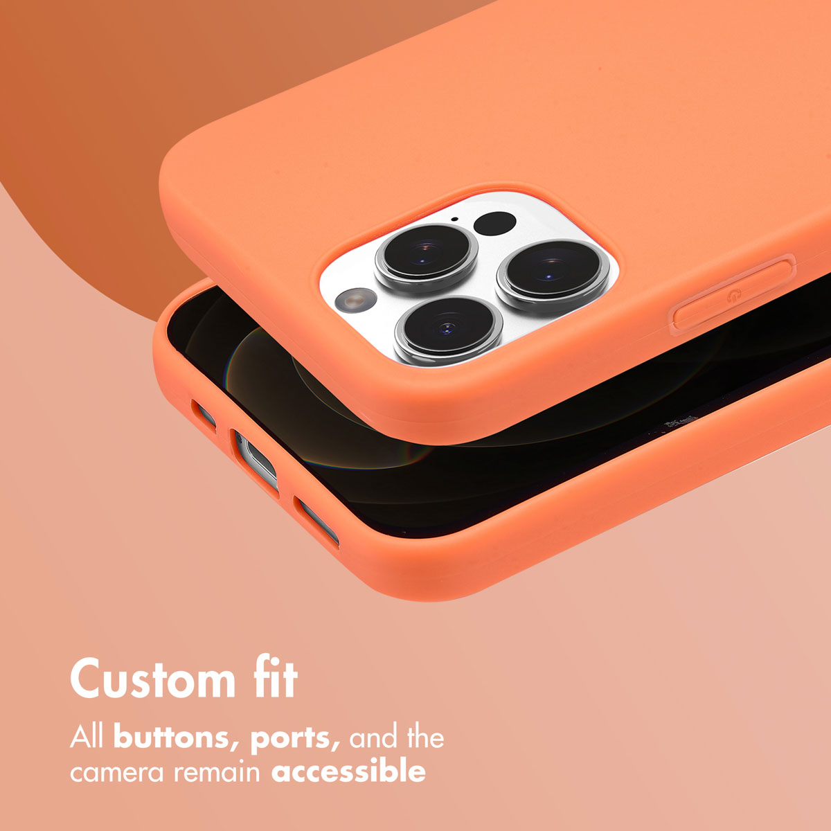 Un teléfono inteligente en una funda protectora de color naranja brillante muestra la triple cámara sobre un fondo rosa.