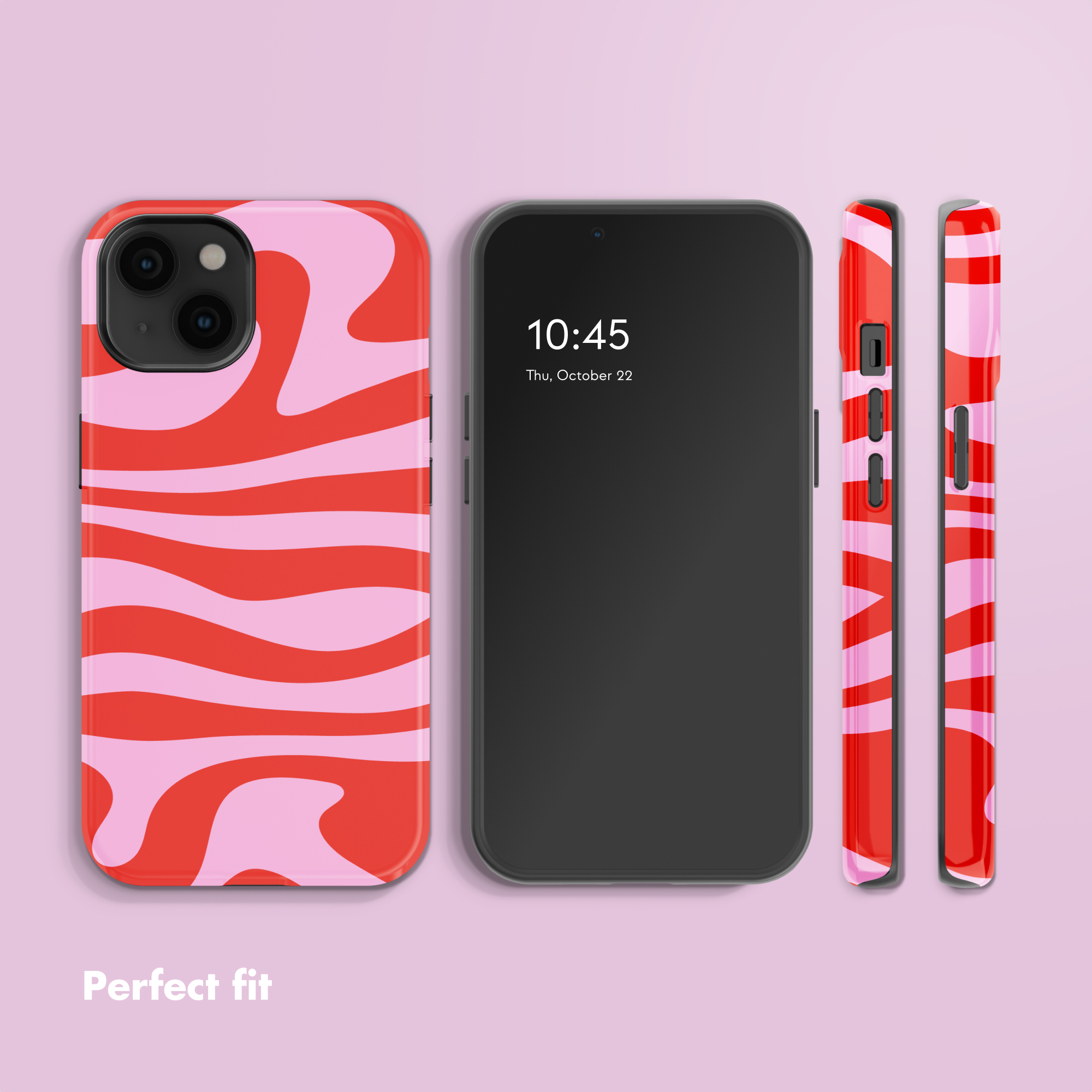 Un teléfono inteligente con funda de ondas rosas y rojas sobre fondo rosa.