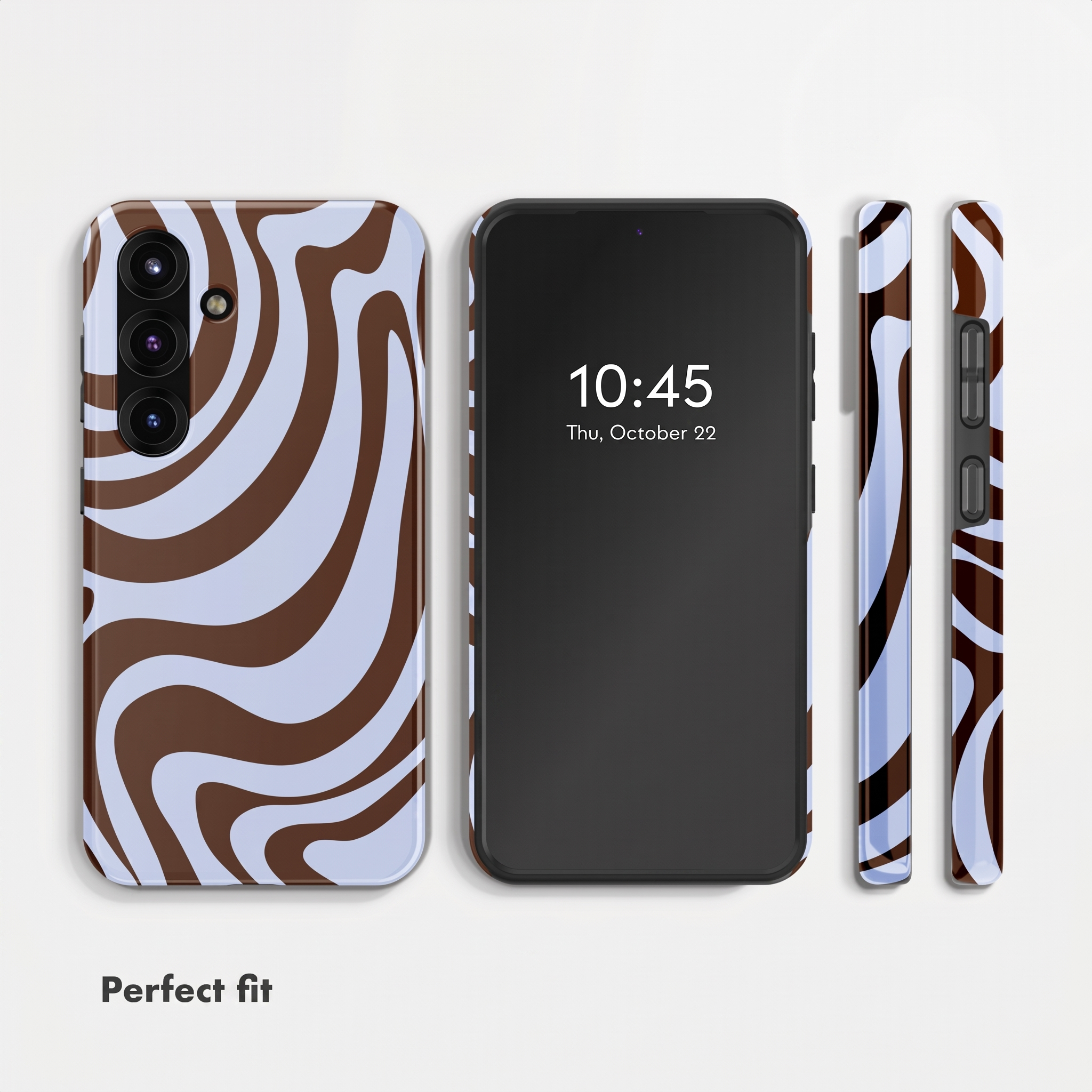 Ein Smartphone mit einer Hülle in blau-braunem Wellenmuster, Ansichten von vorne, hinten und den Seiten.