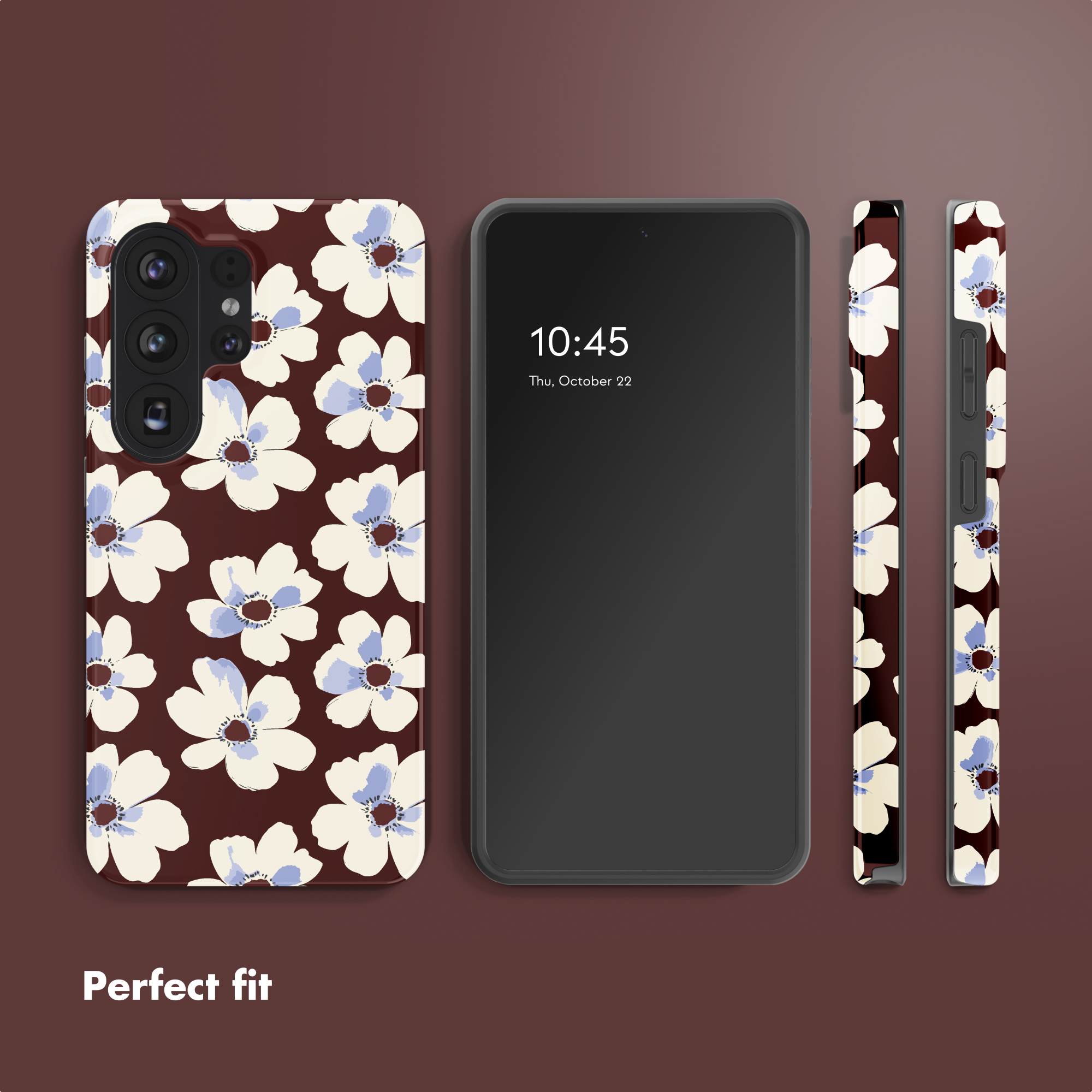 Smartphone und Hülle mit braunem Hintergrund und weiß-blauem Blumenmuster, beschriftet mit Perfect fit.