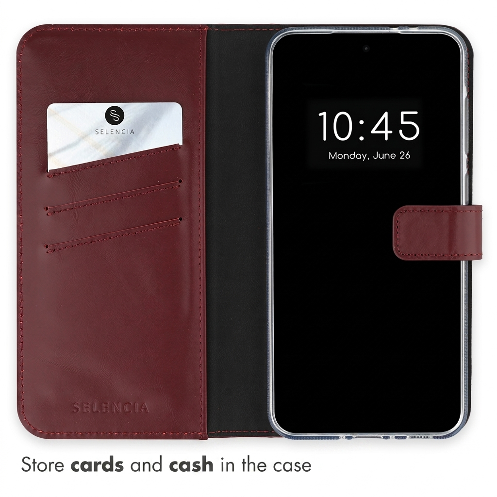 Étui de téléphone en cuir rouge bourgogne avec fentes pour cartes.