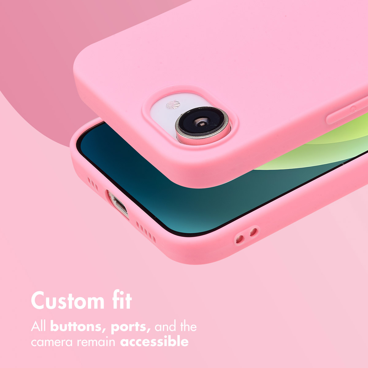 Uno smartphone in una custodia rosa su sfondo rosa con testo sulla vestibilità.