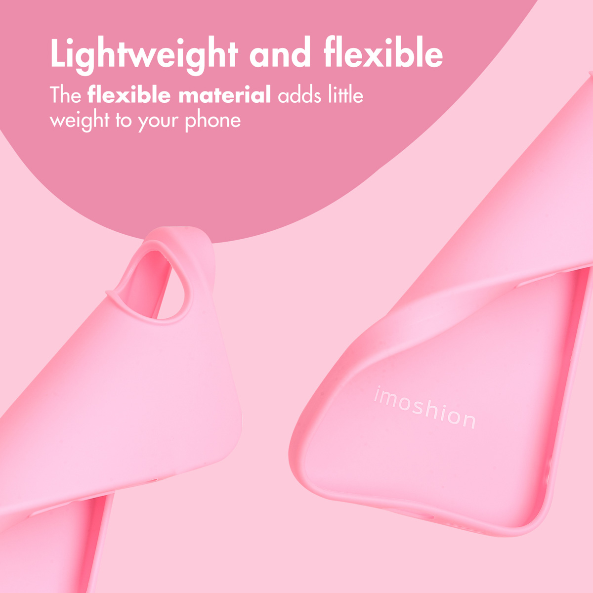 Custodia per telefono rosa con la scritta Lightweight and flexible su sfondo rosa.
