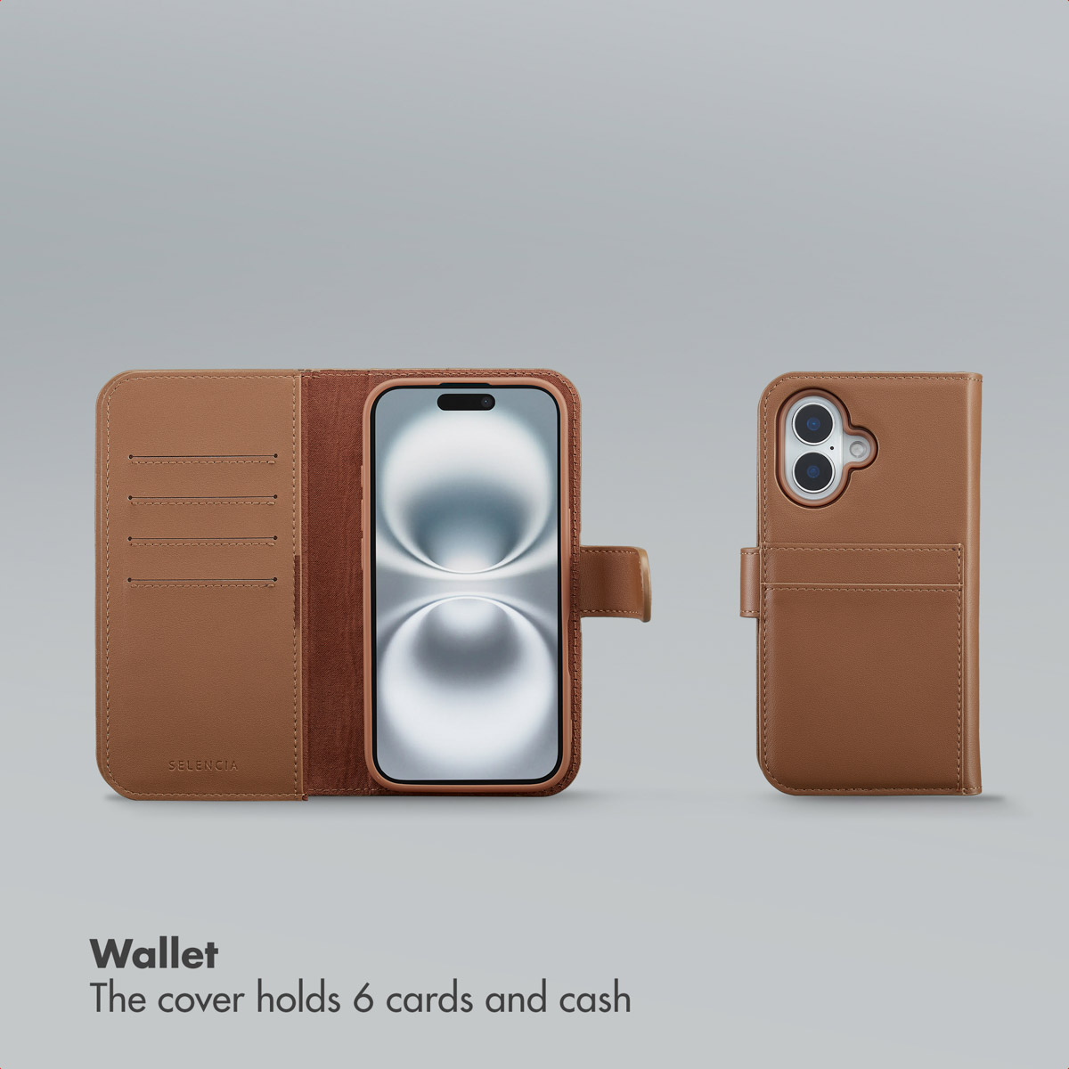 Étui portefeuille en cuir marron avec smartphone à l'intérieur et fentes pour cartes, sur fond gris.