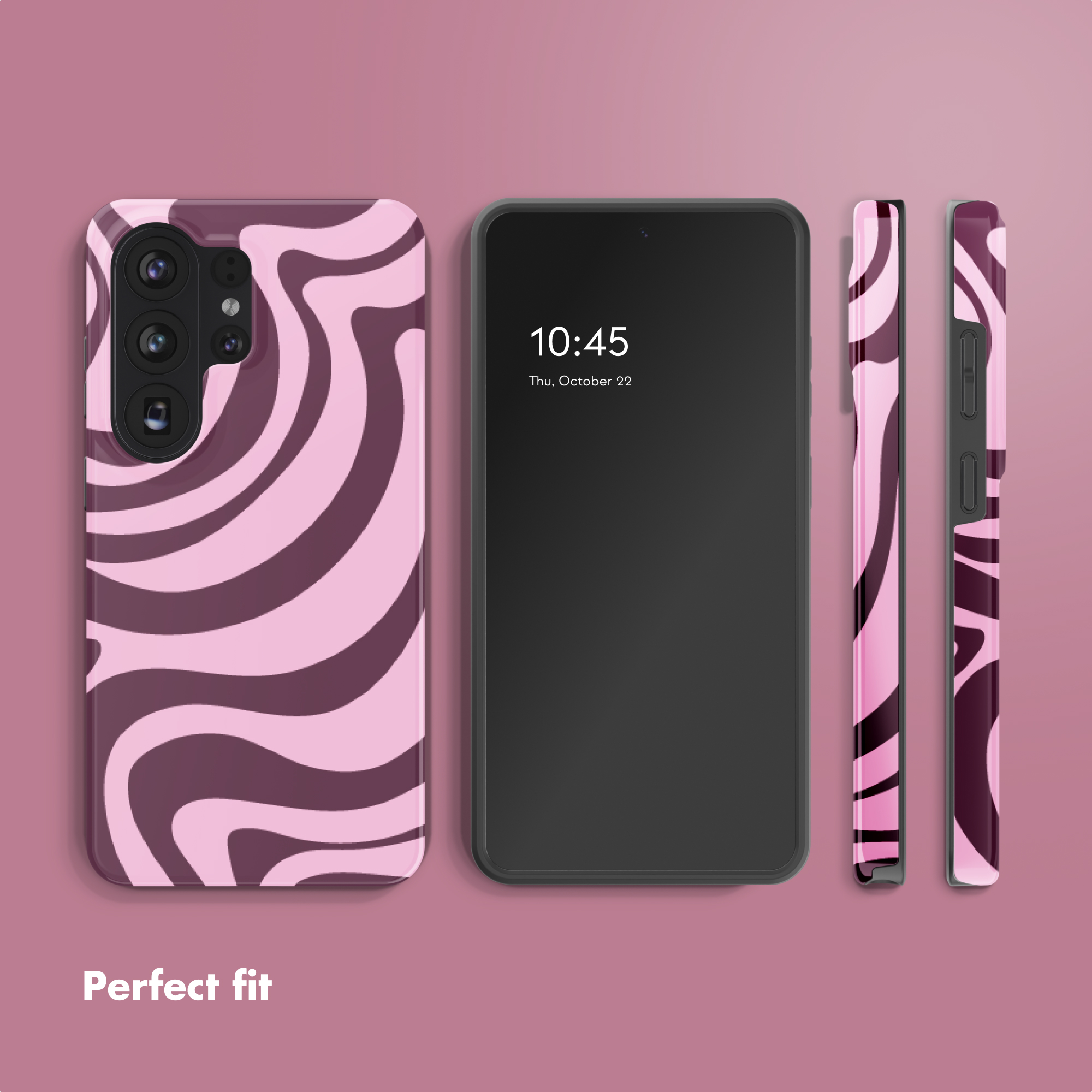Smartphone con funda de ondas rosa y marrón, vistas frontal y lateral sobre fondo rosa.