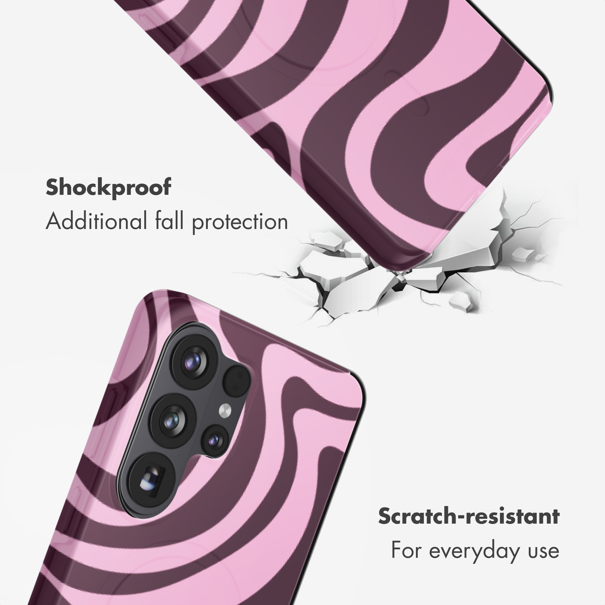 Funda de teléfono rosa y oscura con ondas, anunciada como resistente y antiarañazos.
