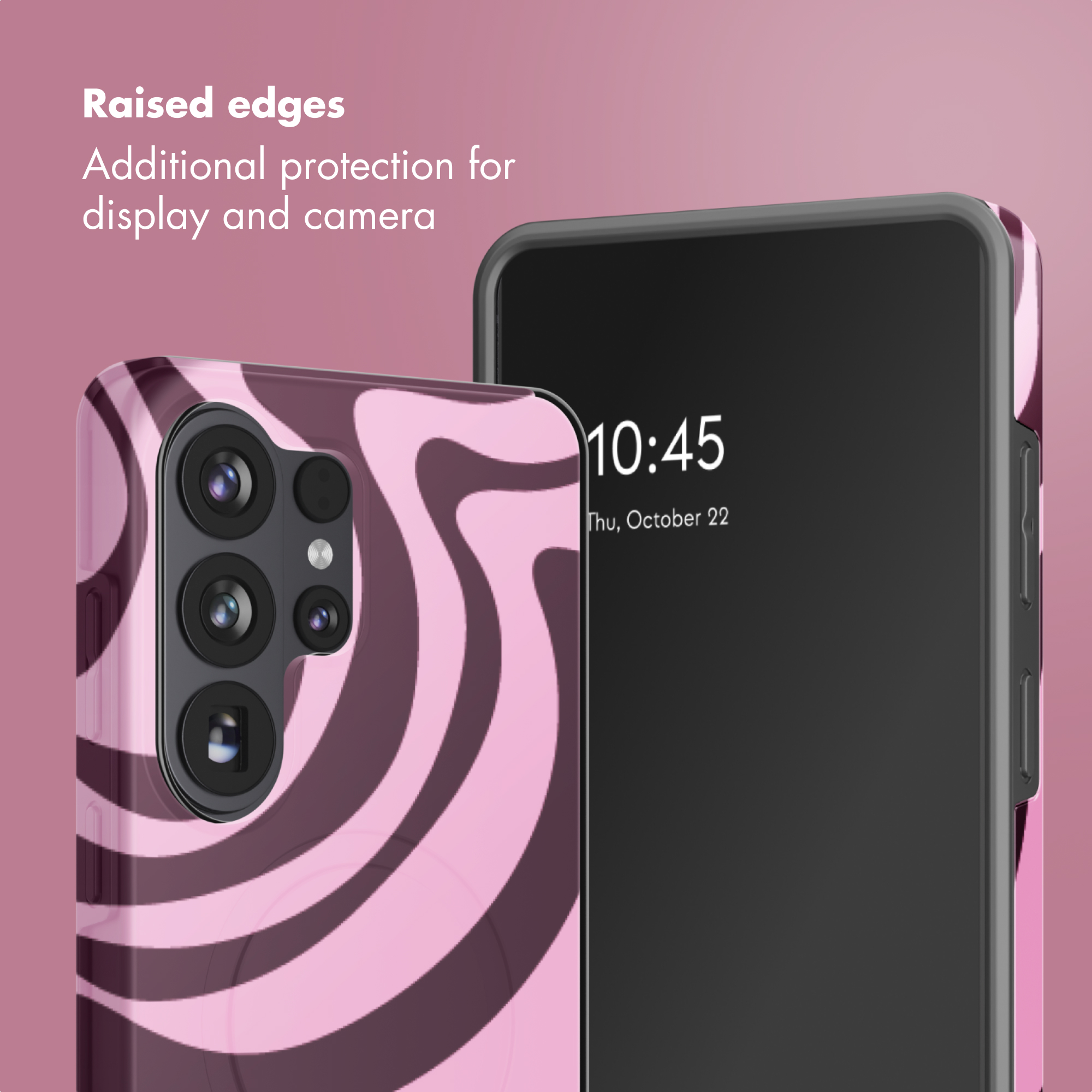 Smartphone con funda de ondas rosa y marrón y bordes protectores sobre fondo rosa.