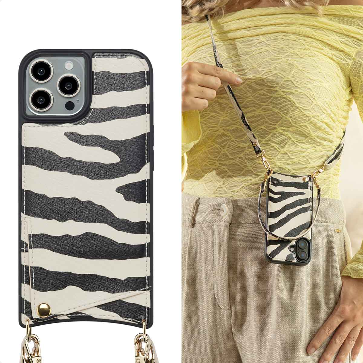 Funda de móvil con estampado de cebra y correa, usada por una persona con top amarillo y pantalón beige.