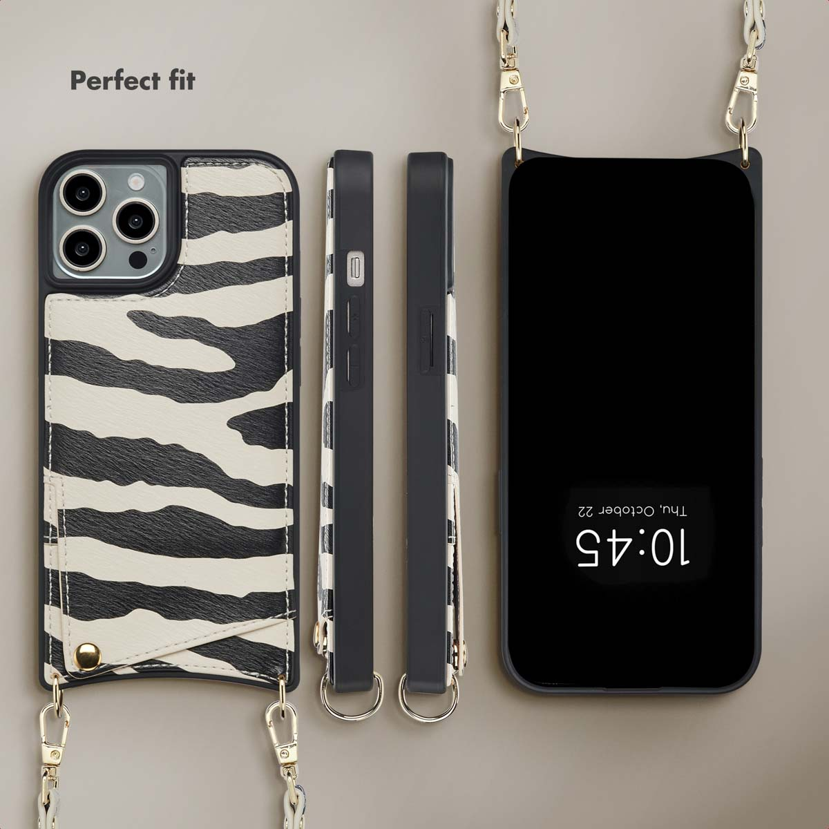 Una funda de iPhone con estampado de cebra en blanco y negro y correa, mostrada desde atrás, los lados y el frente.