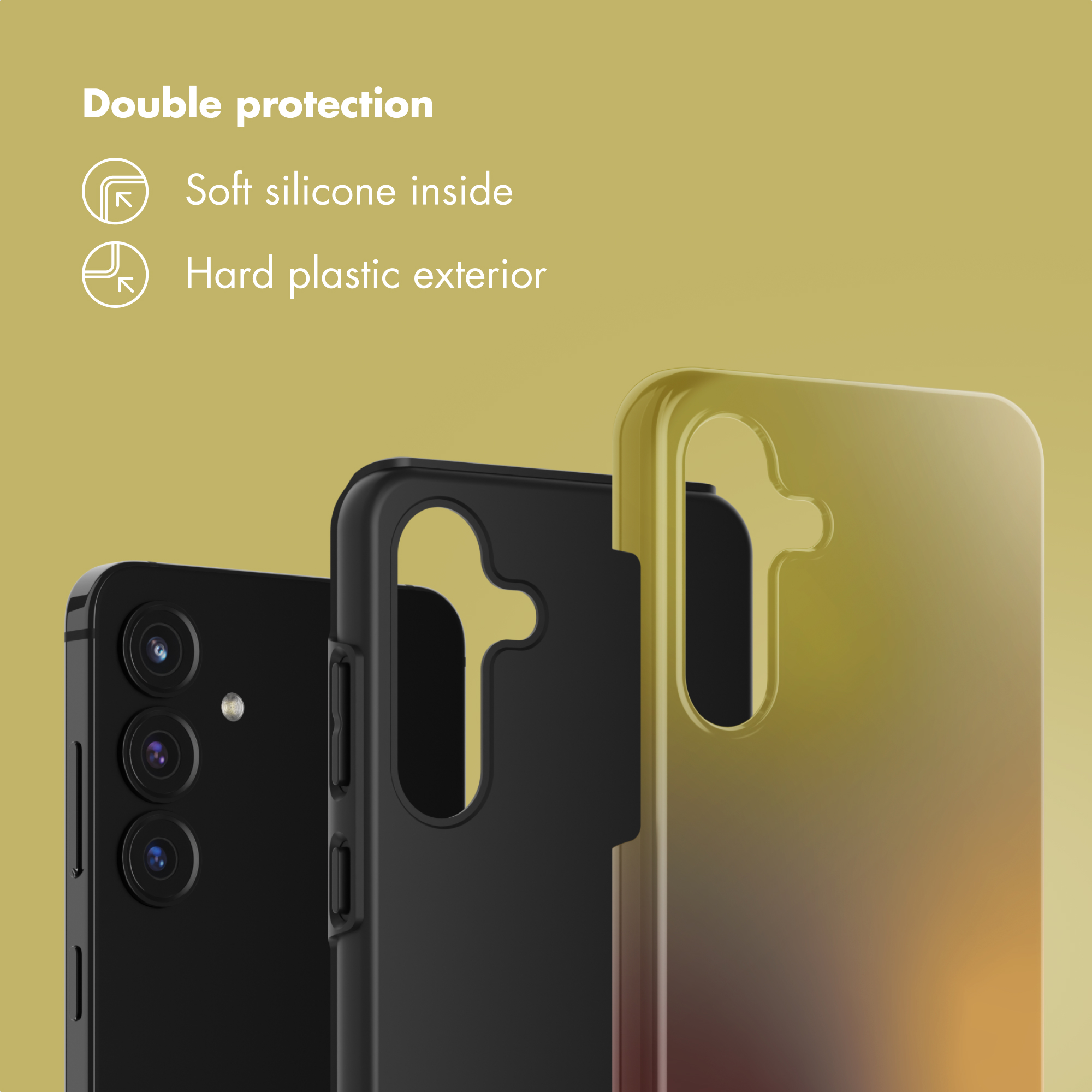 Doppia protezione con silicone morbido all'interno e plastica rigida esterna.