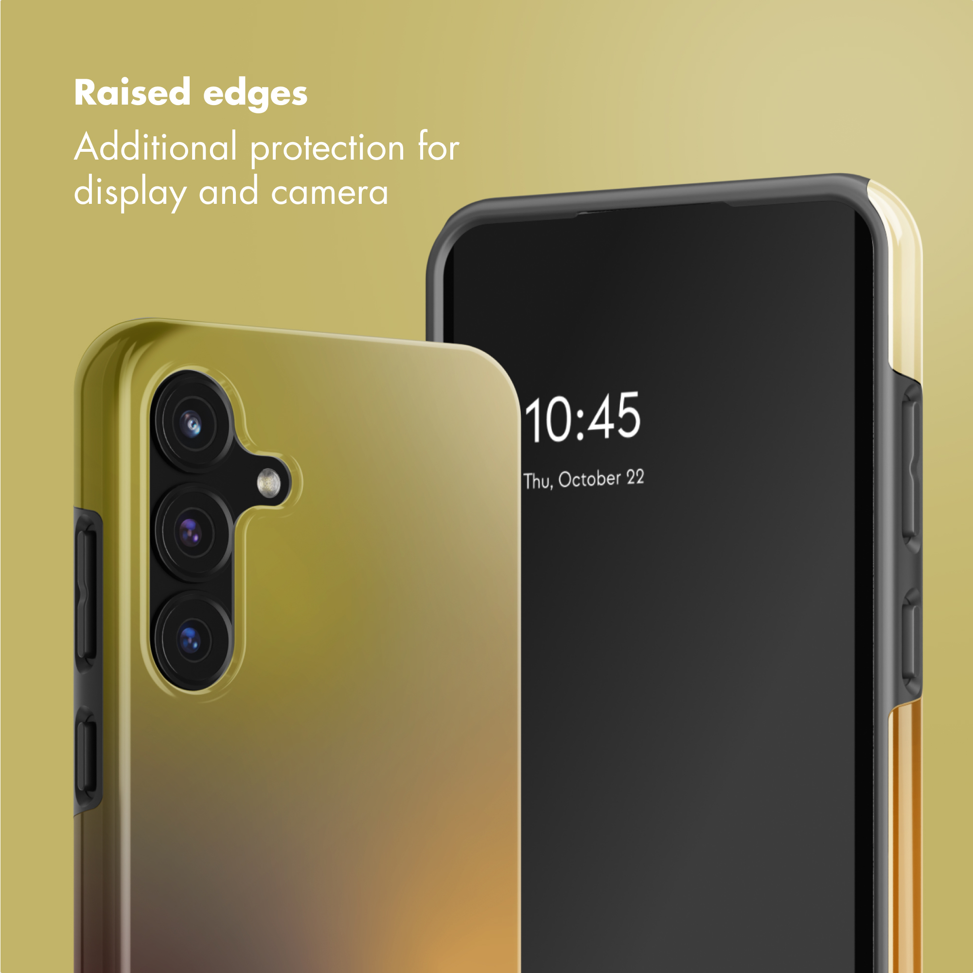 Due smartphone in custodia dorata mostrano bordi rialzati per la protezione di schermo e fotocamera.