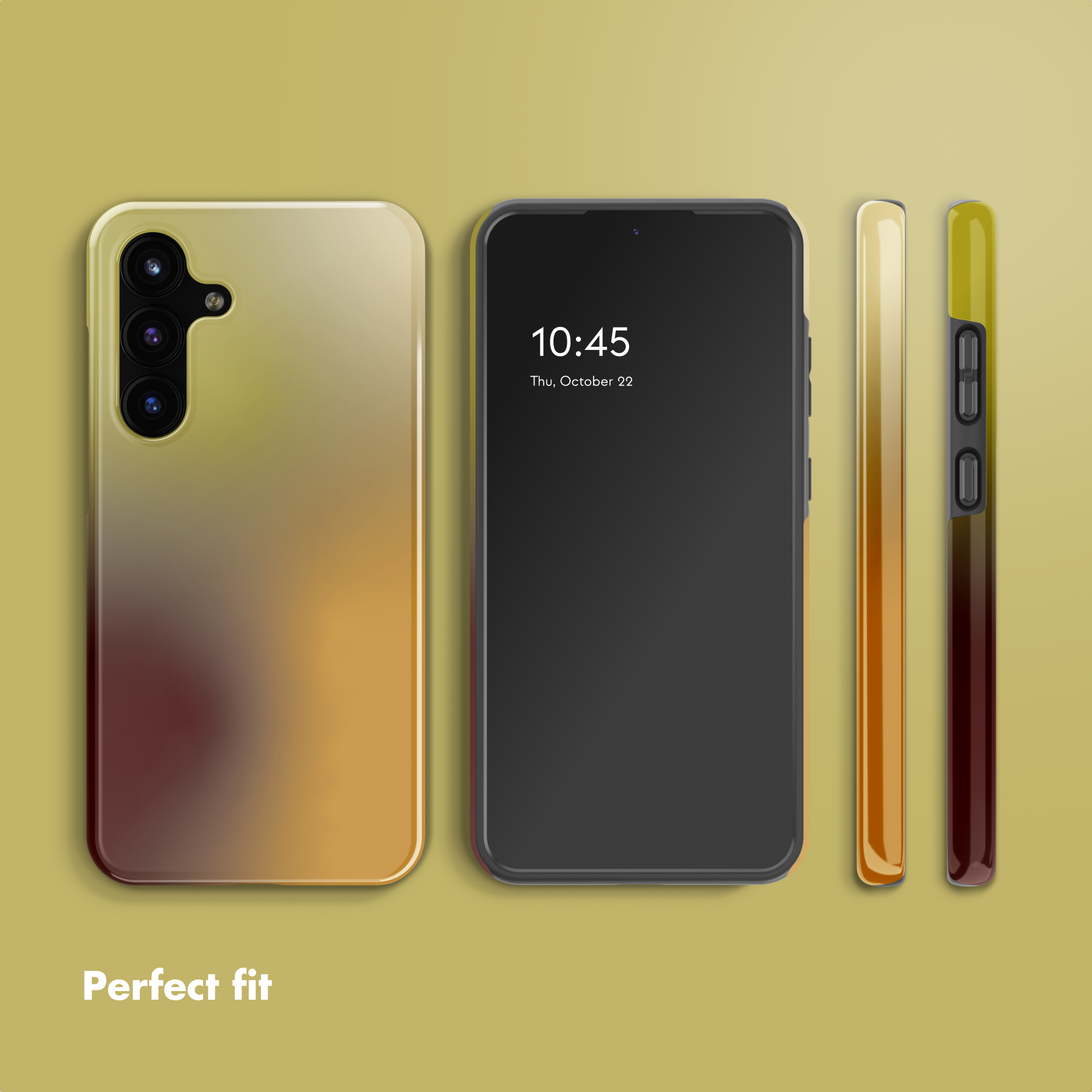 Smartphone in più viste con custodia sfumata oro e marrone e la scritta Perfect fit.