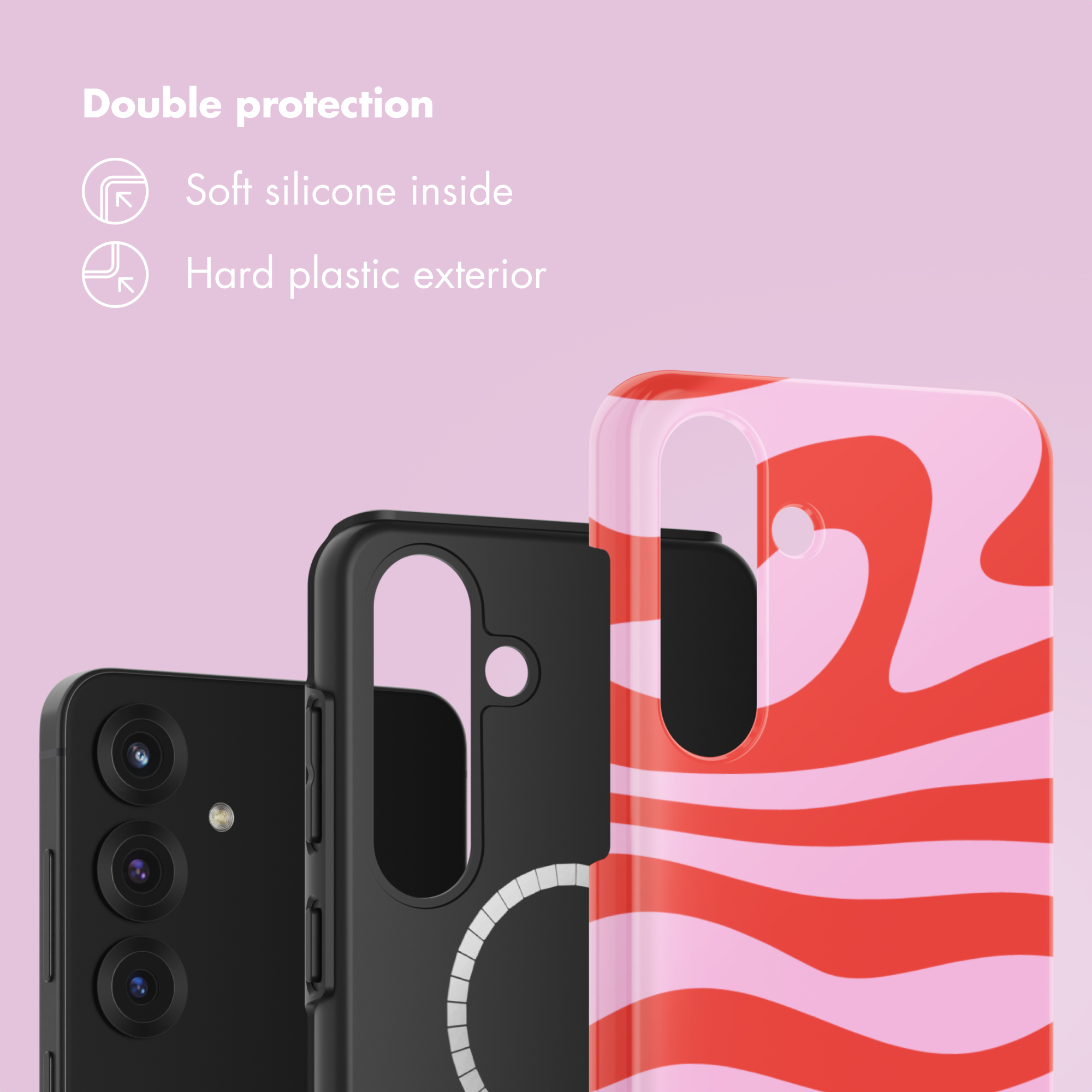 Tres capas de una funda sobre fondo rosa, destacando la silicona suave por dentro y el plástico duro por fuera.