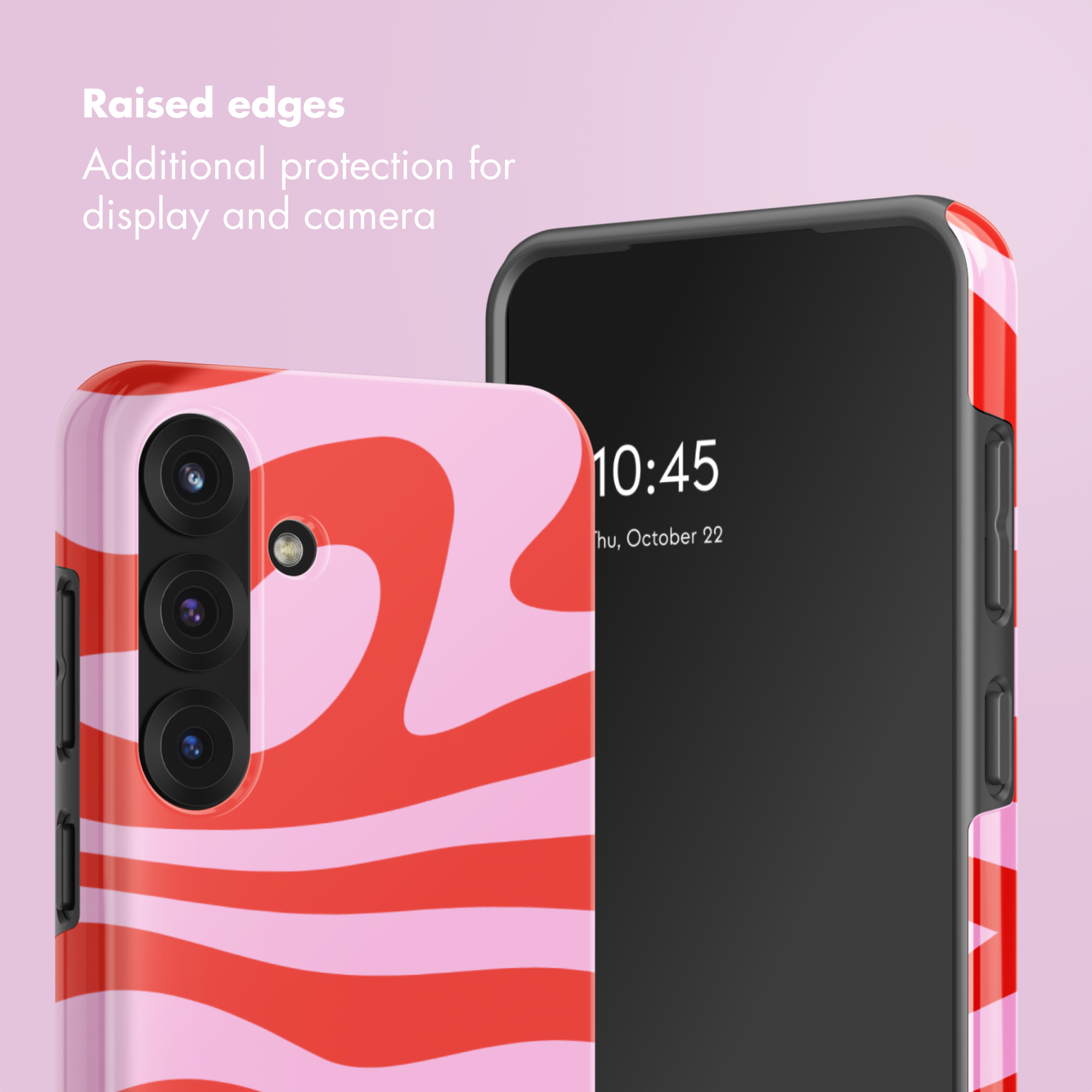 Dos smartphones con fundas onduladas rosas y rojas, destacando bordes elevados para proteger pantalla y cámara.