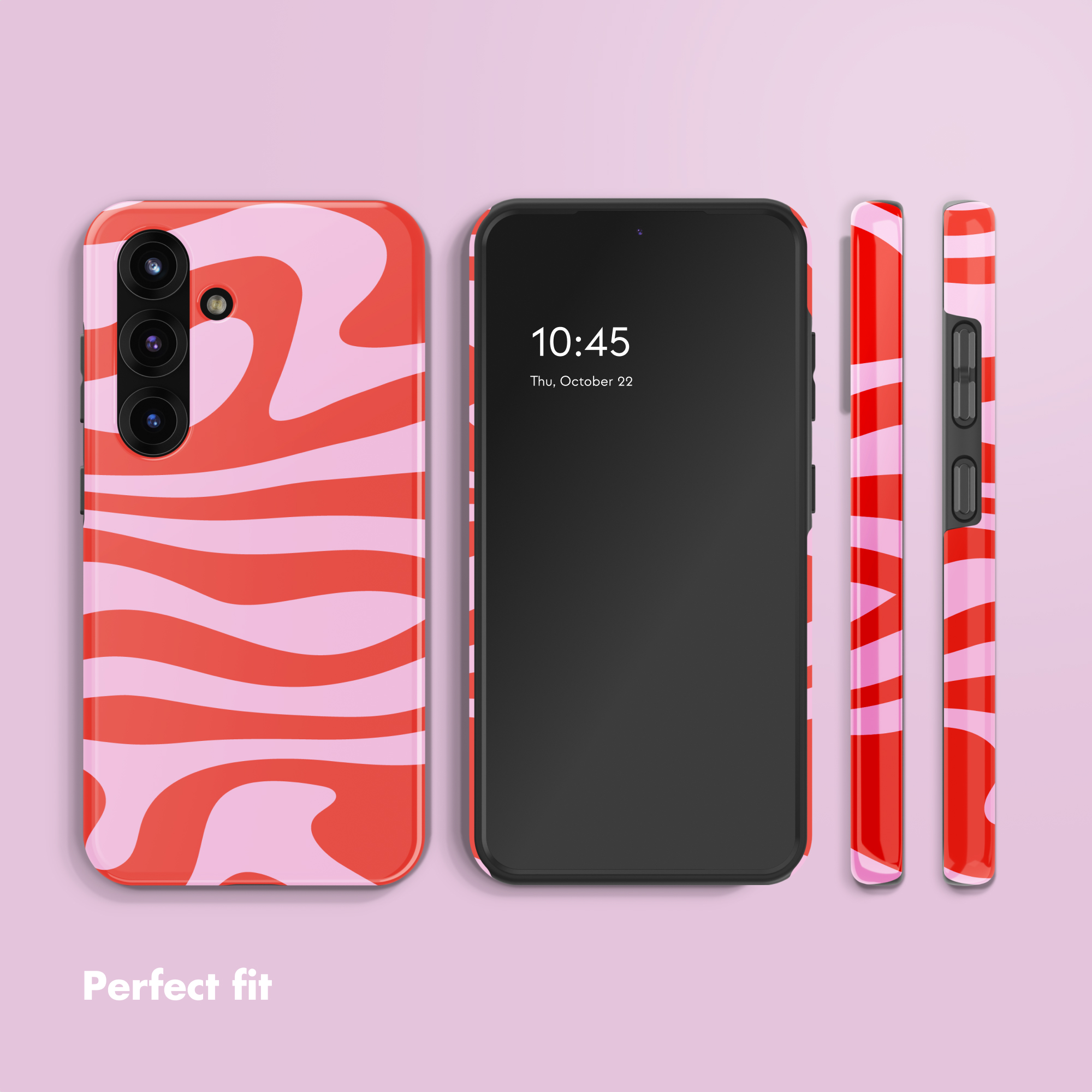 Cuatro vistas de un smartphone con funda de ondas rosas y rojas sobre fondo rosa claro, con el texto Perfect fit.