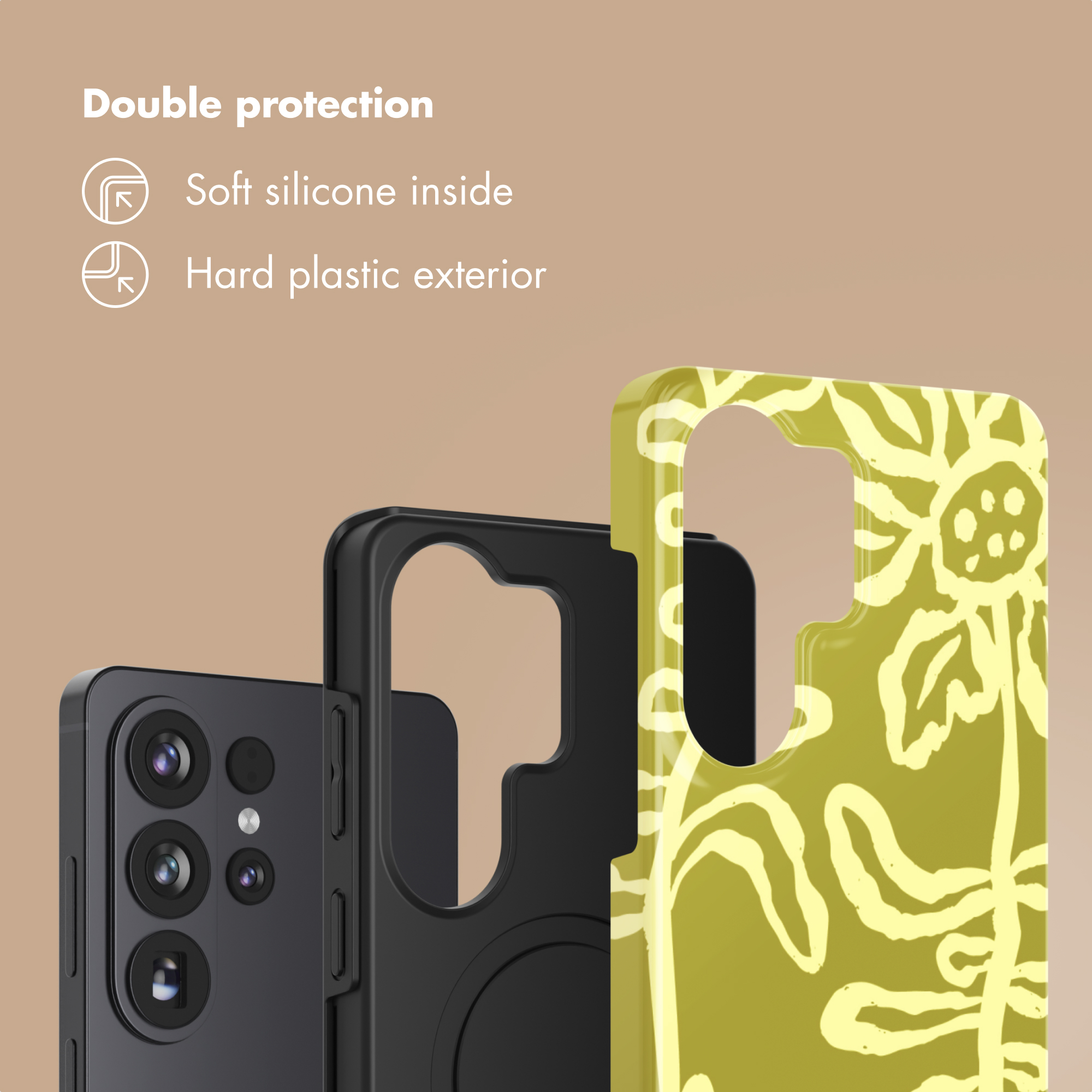 Doble protección: silicona suave por dentro y plástico duro por fuera, en tres fundas.