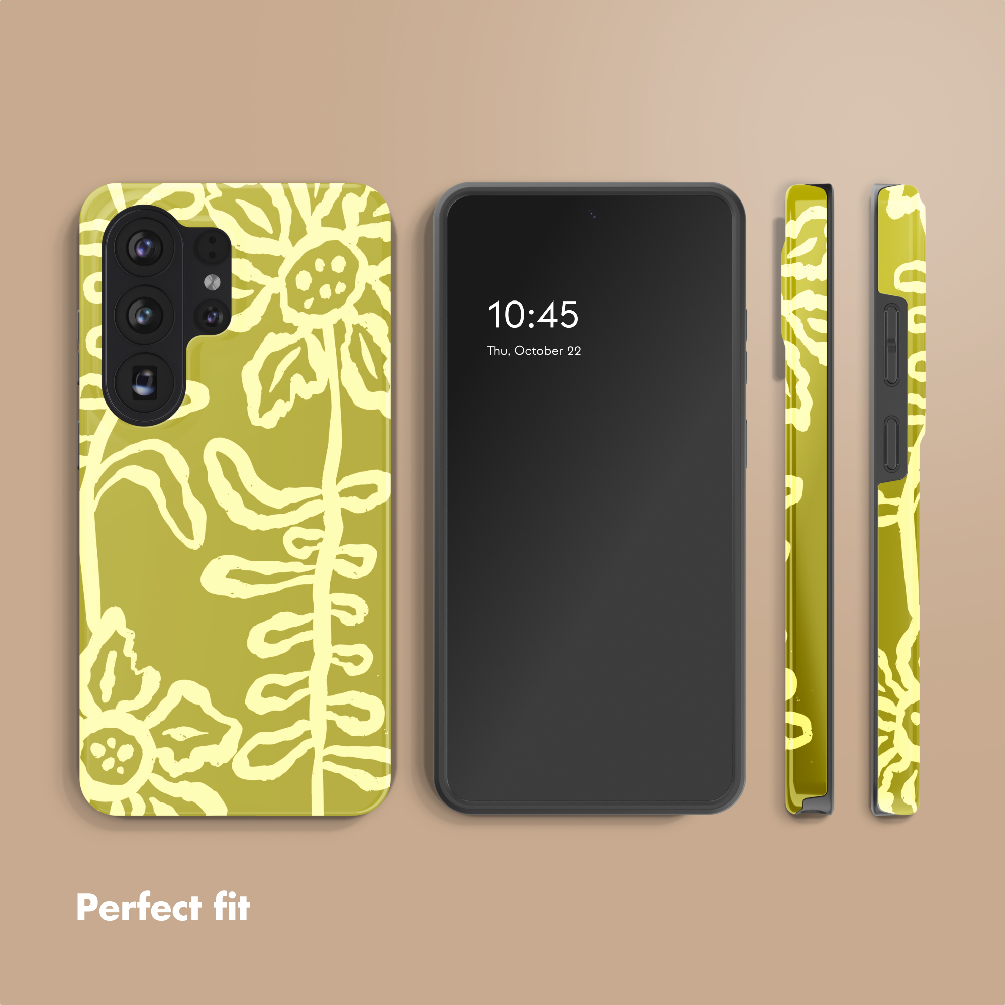 Un smartphone amarillo con un patrón de flores blancas en la funda y el texto Perfect fit.