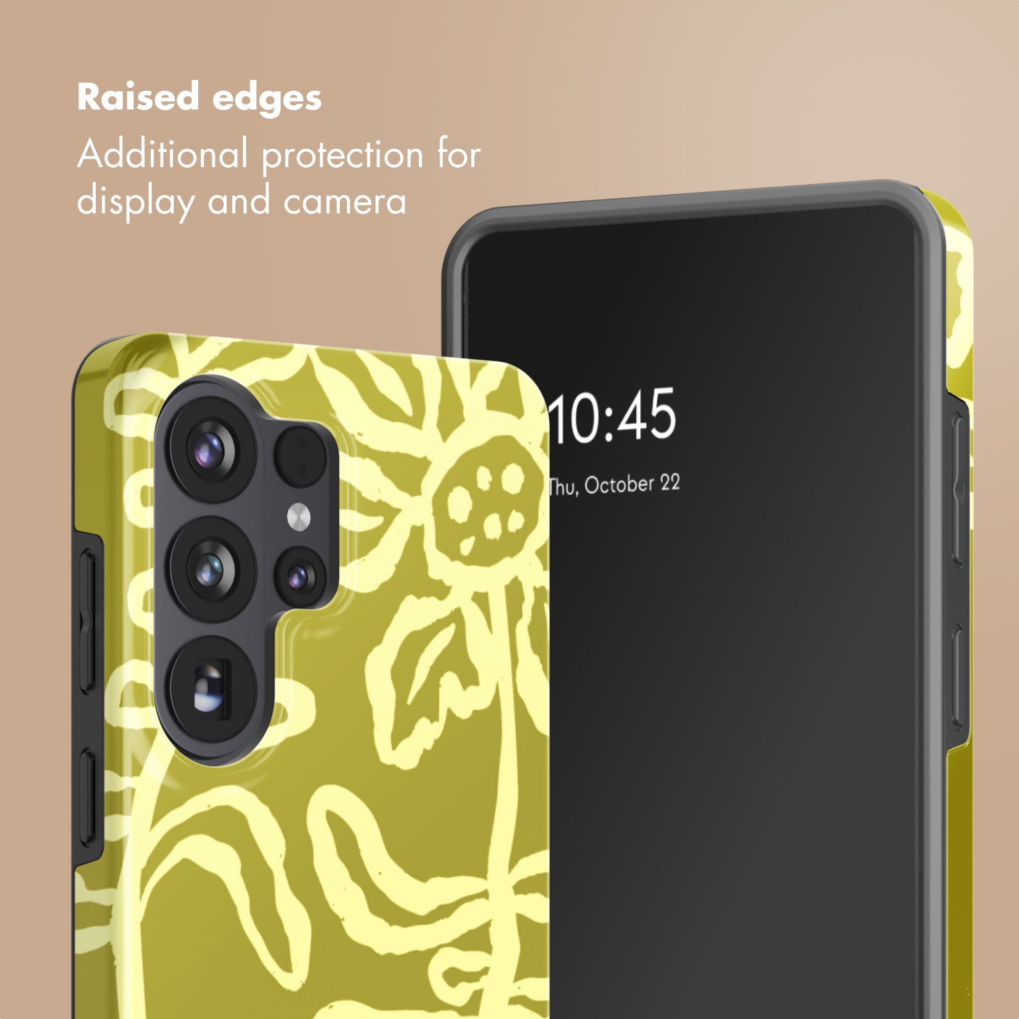 Un teléfono inteligente en una funda protectora verde oliva con patrones florales amarillos.