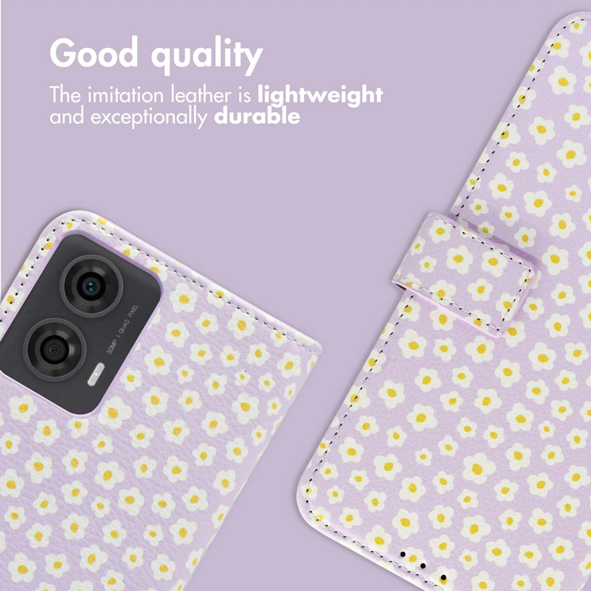 Funda de móvil morada con patrón de margaritas blancas y cámara.