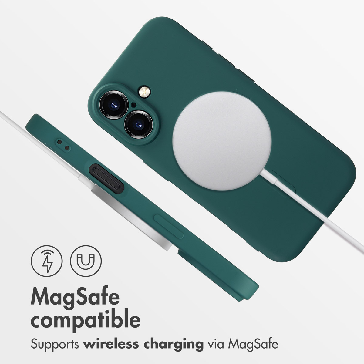 Funda de teléfono MagSafe verde oscura con cable de carga e iconos inalámbricos.