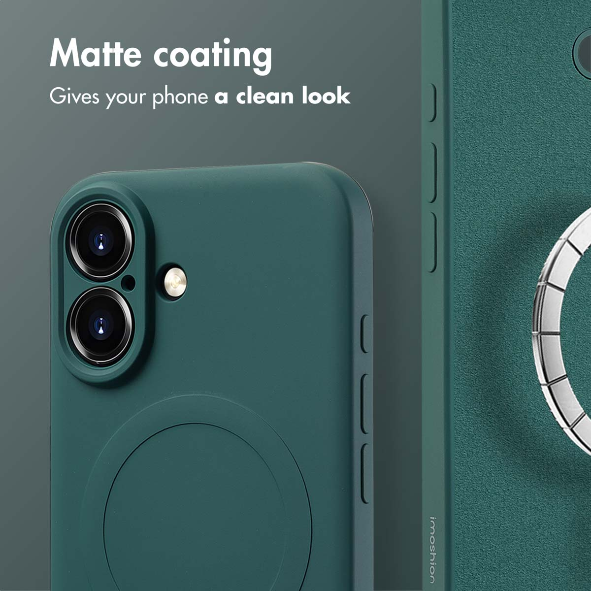 Fundas para smartphone verde mate con recorte de cámara, flash y círculo MagSafe en la parte posterior.