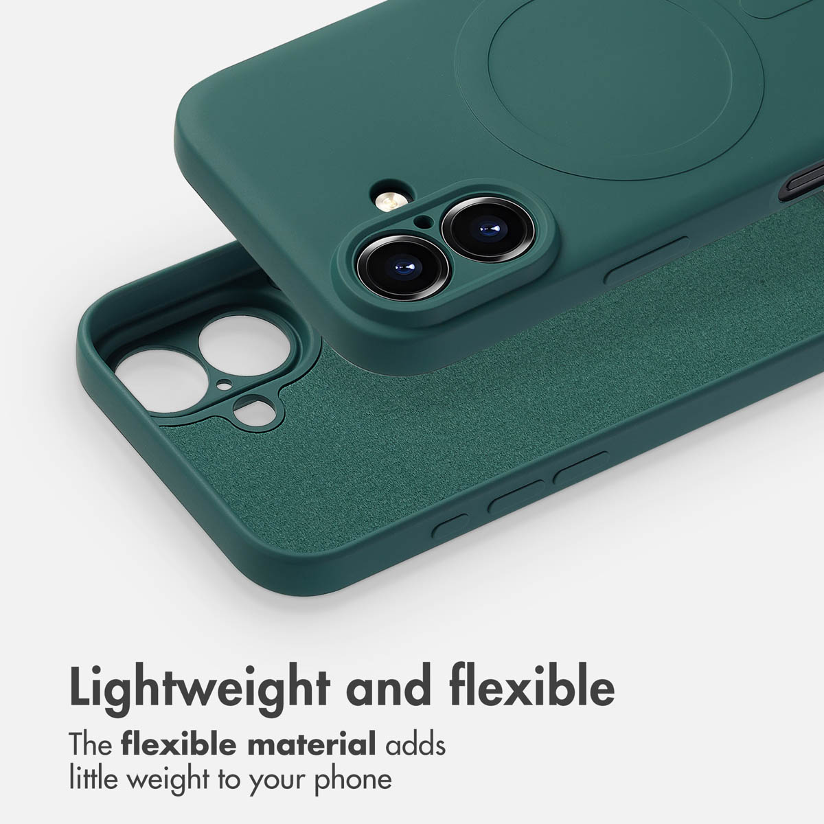 Funda de teléfono flexible verde oscura con círculo MagSafe y recortes para cámara dual sobre fondo blanco.