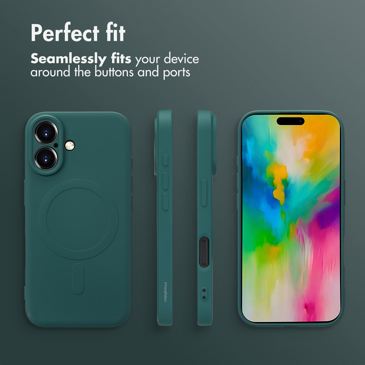 Una funda de teléfono verde oscuro mostrada desde varios ángulos con texto.