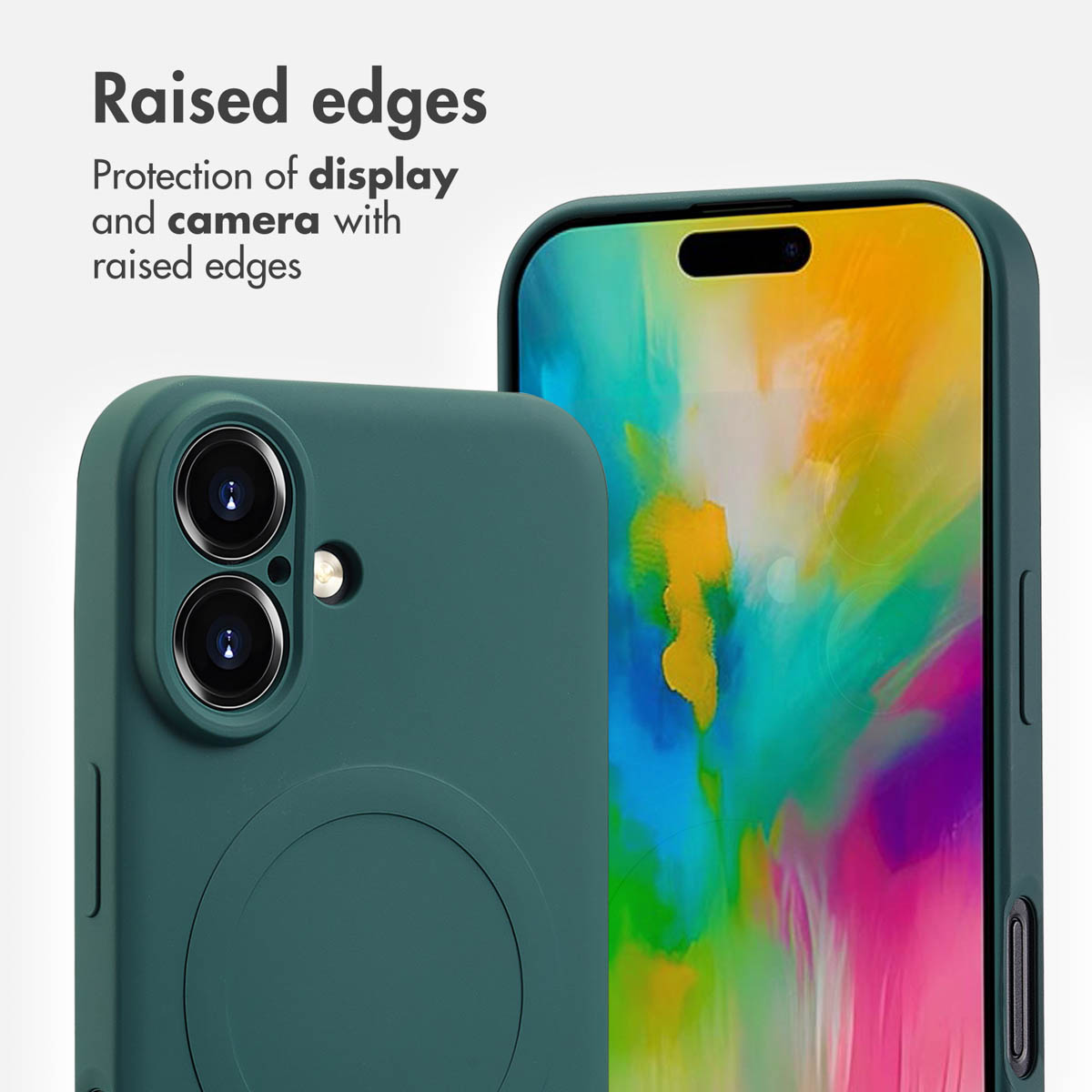 Smartphone verde con bordes elevados para proteger la pantalla y la cámara, texto arriba a la izquierda.