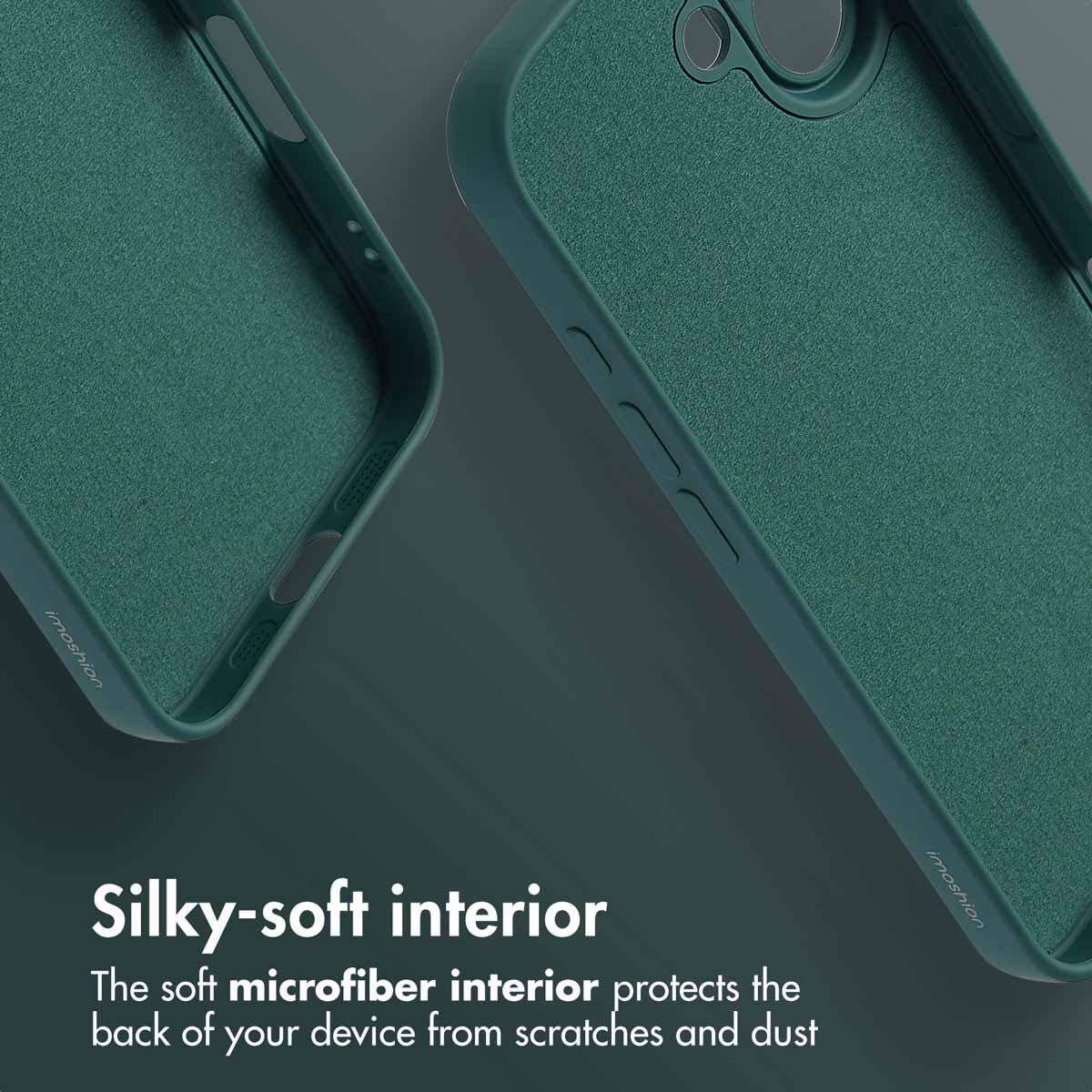 Dos fundas de teléfono verde oscuro que muestran el interior de microfibra suave.