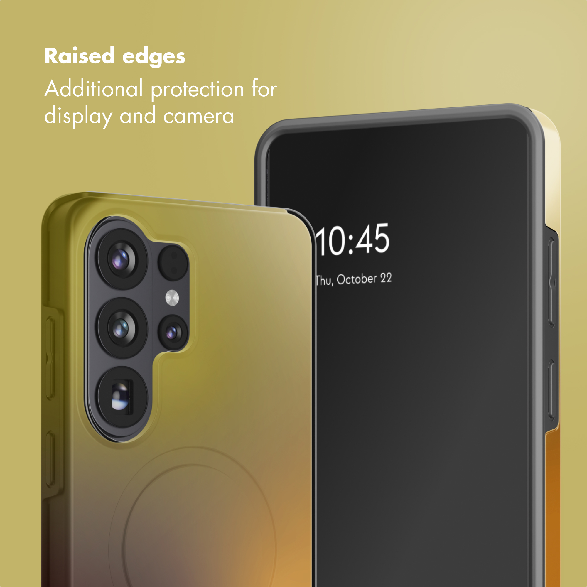 Funda de teléfono dorada con bordes elevados que protegen la pantalla y la cámara.