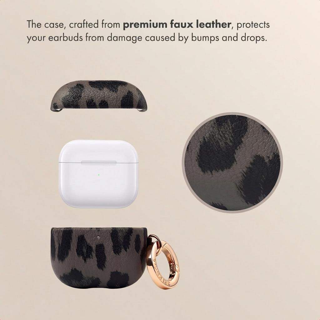 Parti smontate di una custodia per AirPods in ecopelle grigia con stampa leopardata.