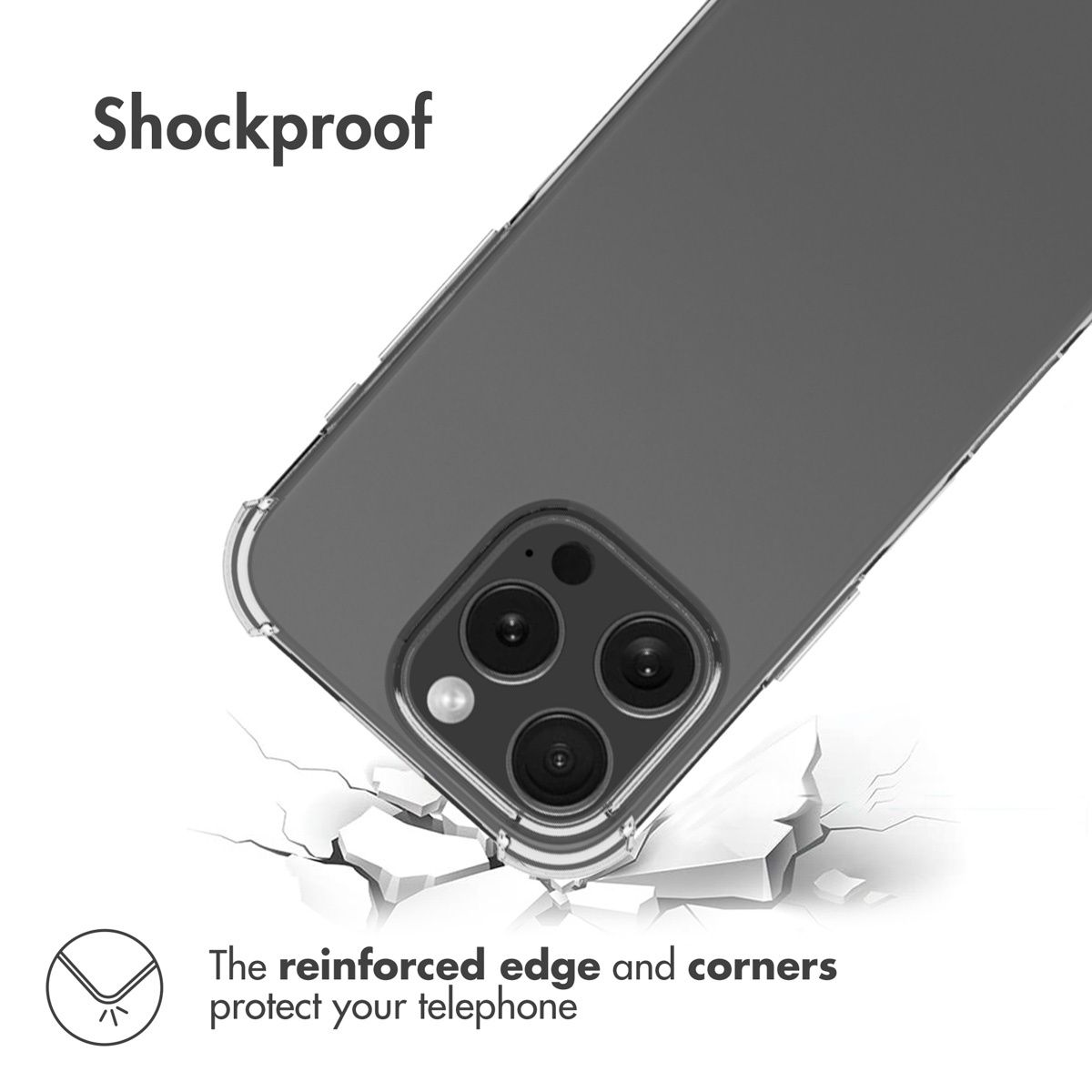 Custodia per telefono antiurto con angoli rinforzati su terreno incrinato, testo 'Shockproof'.