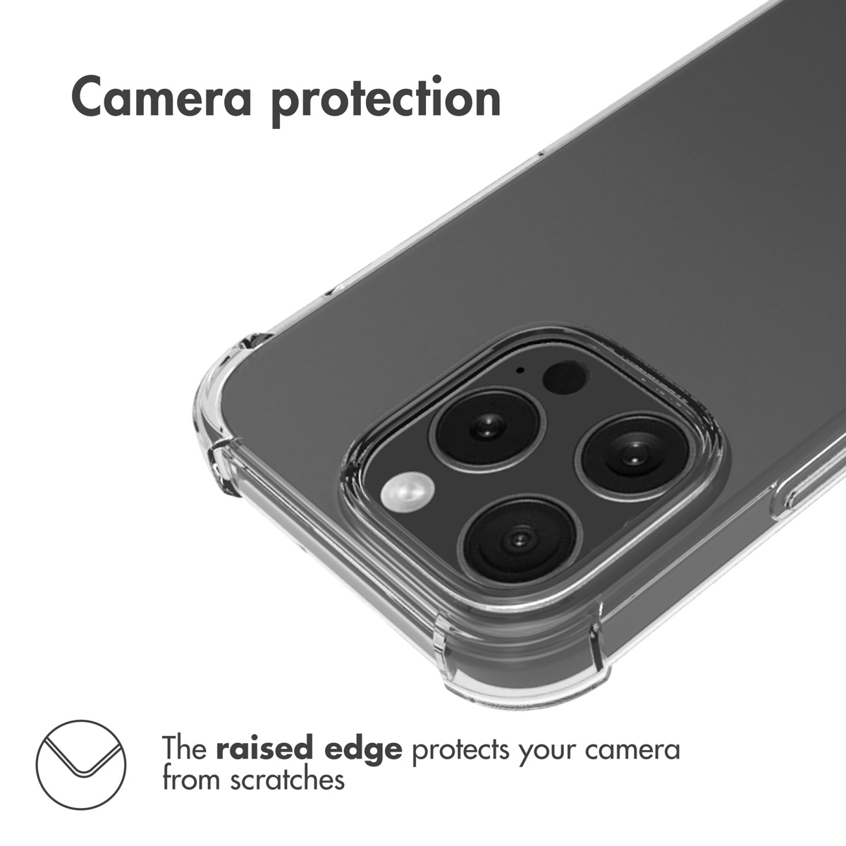 Uno smartphone in custodia trasparente, evidenziando il bordo rialzato attorno alle lenti.