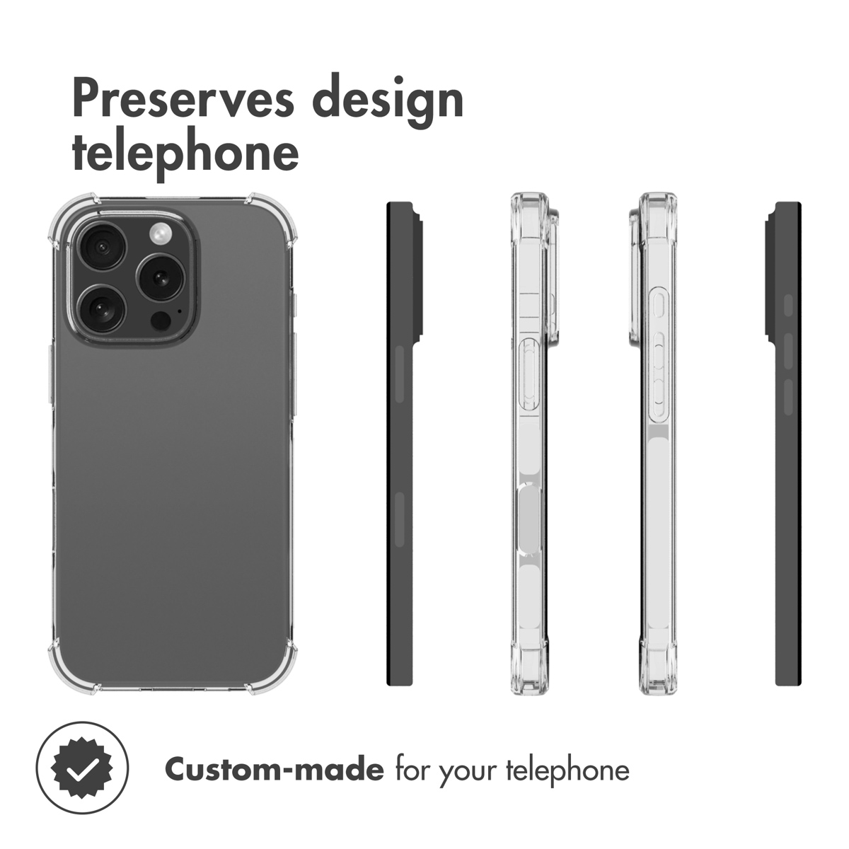 Custodia protettiva trasparente per smartphone mostrata da più angolazioni.