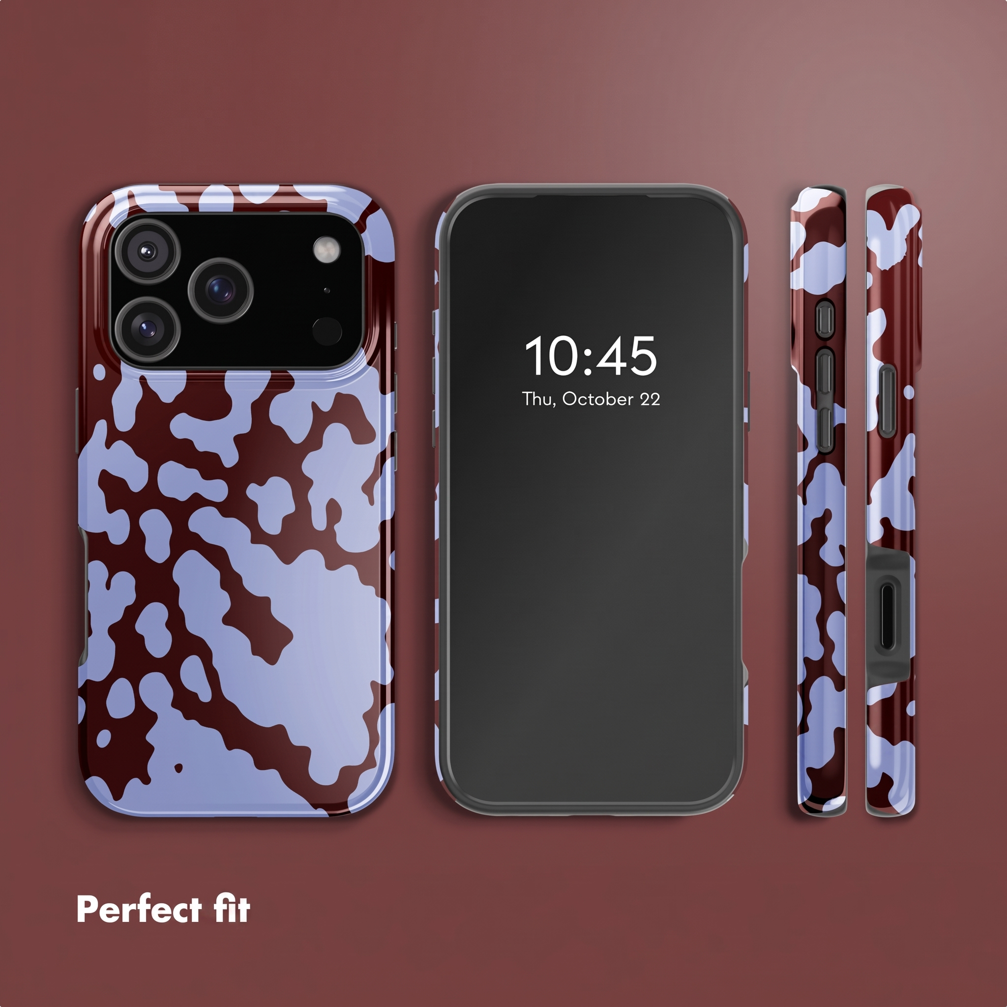 Smartphone in verschiedenen Ansichten mit braun-blauem Fleckenmuster und der Aufschrift Perfect fit.