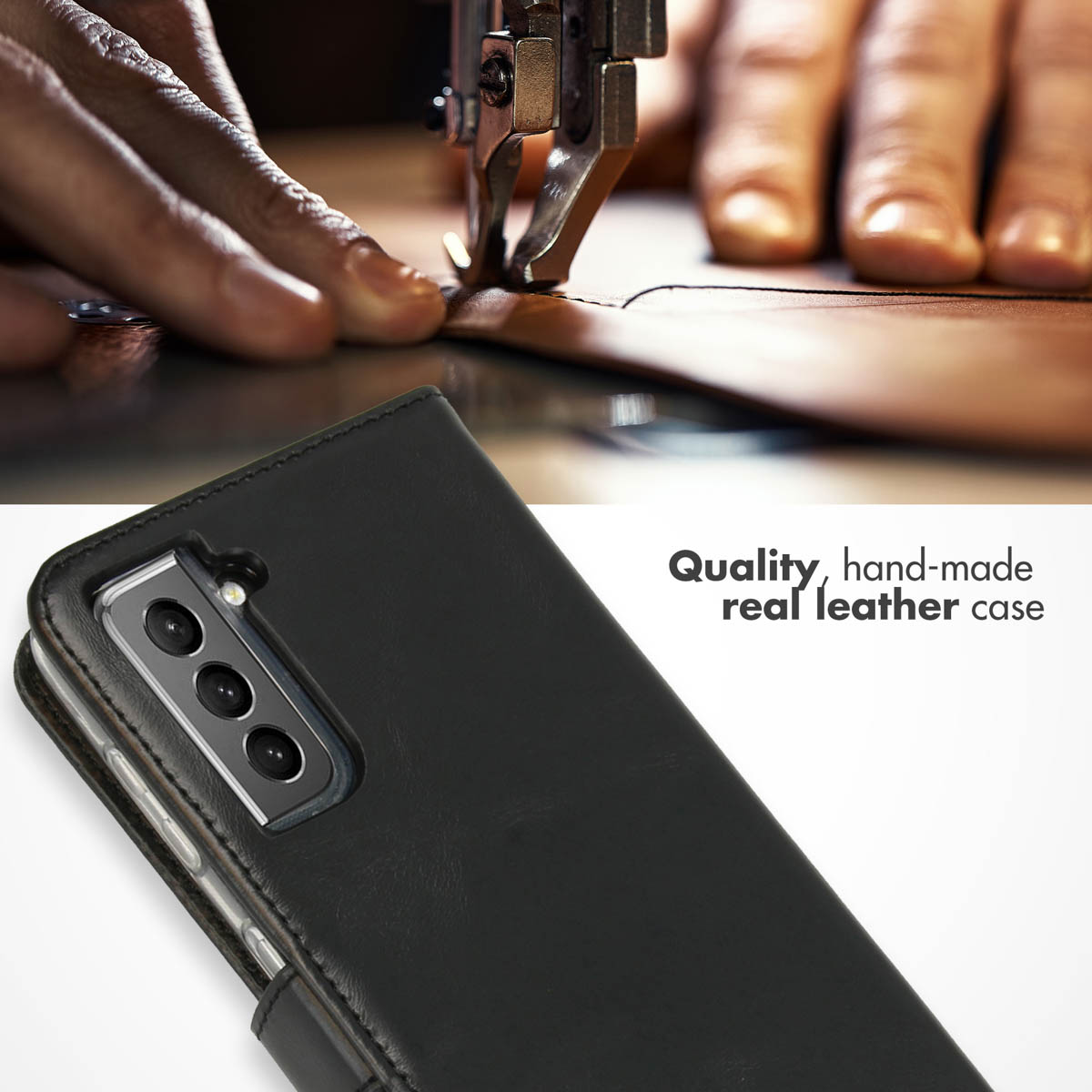 Un étui de smartphone en cuir noir avec une machine à coudre du cuir en arrière-plan flou.