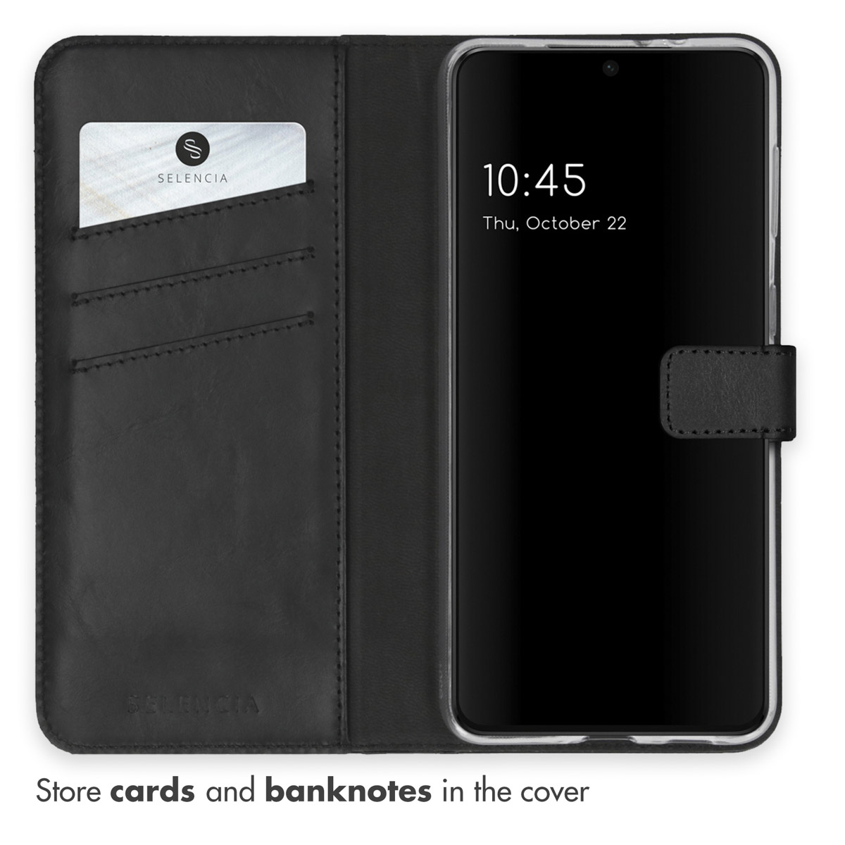 Un étui portefeuille en cuir noir pour smartphone avec des fentes pour cartes.